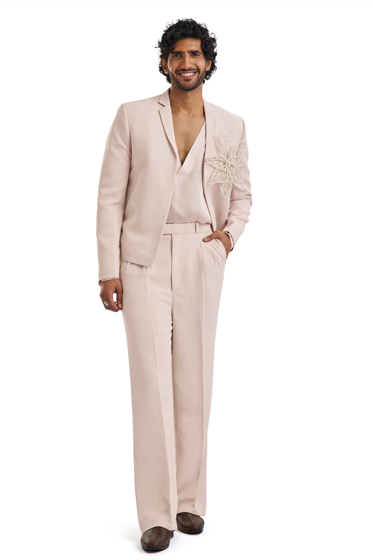 Pink Tuxedo Set With Pearl Floral Embroidery