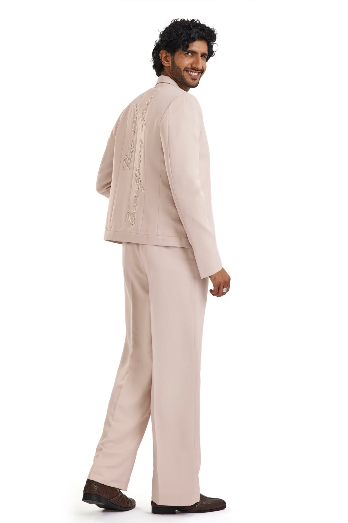 Pink Tuxedo Set With Pearl Floral Embroidery