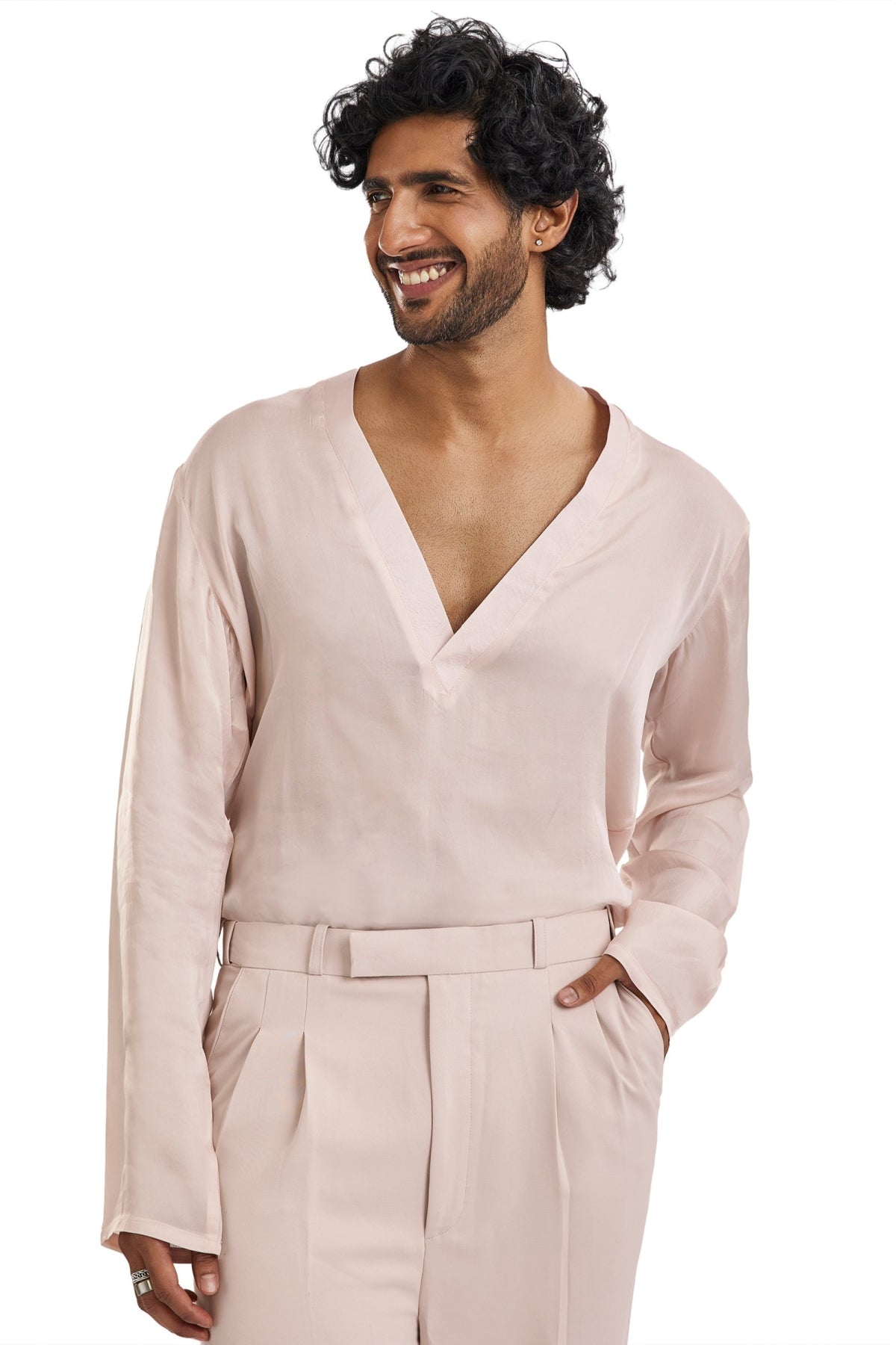 Pink Tuxedo Set With Pearl Floral Embroidery