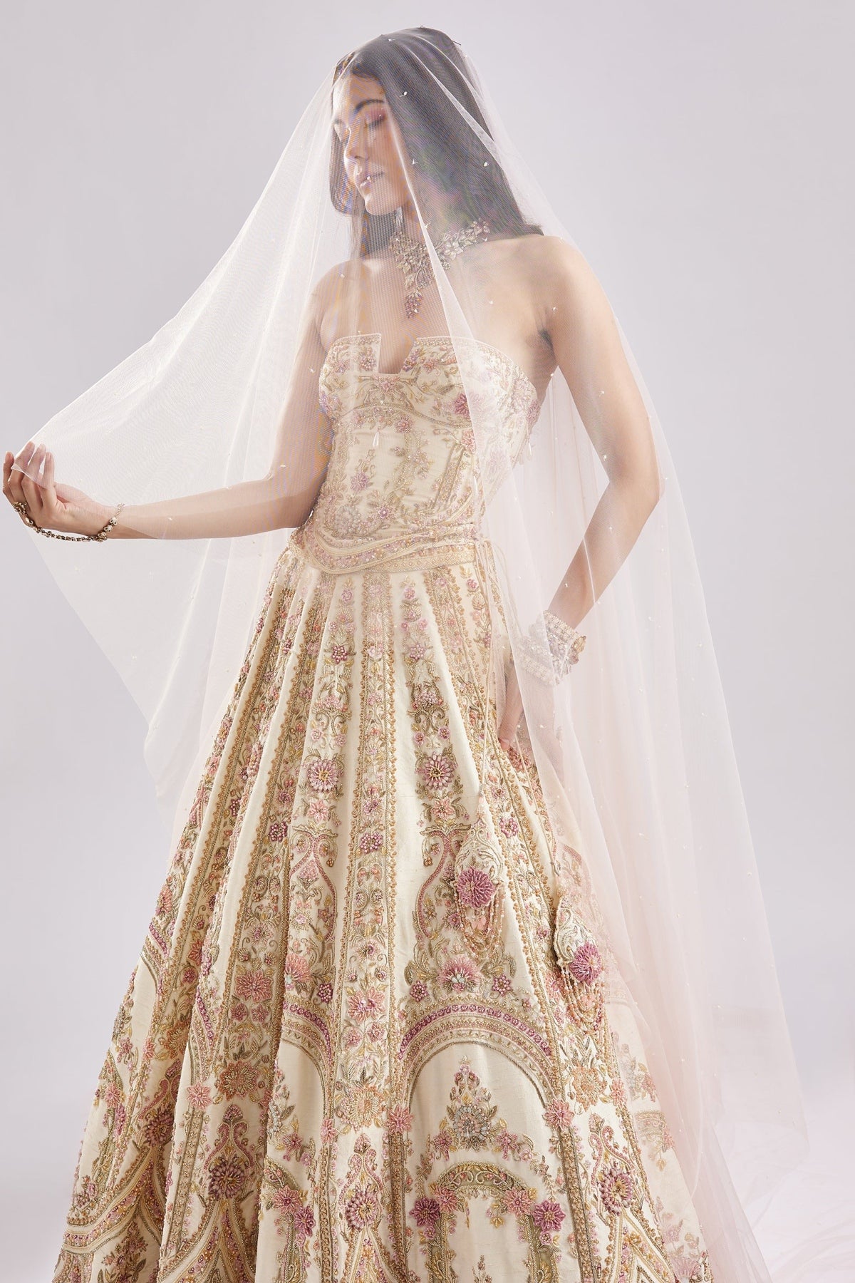 Off White Antique Embroidered Bridal Lehenga Set