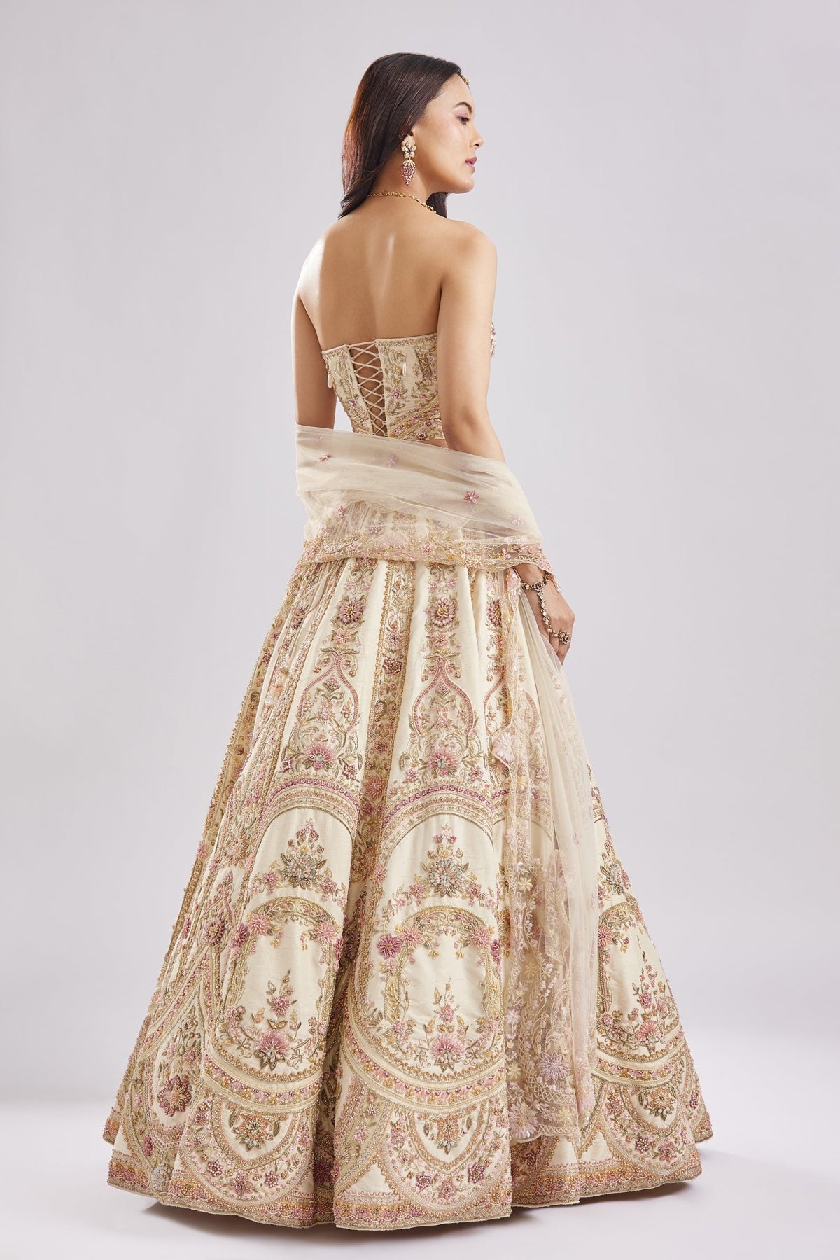 Off White Antique Embroidered Bridal Lehenga Set