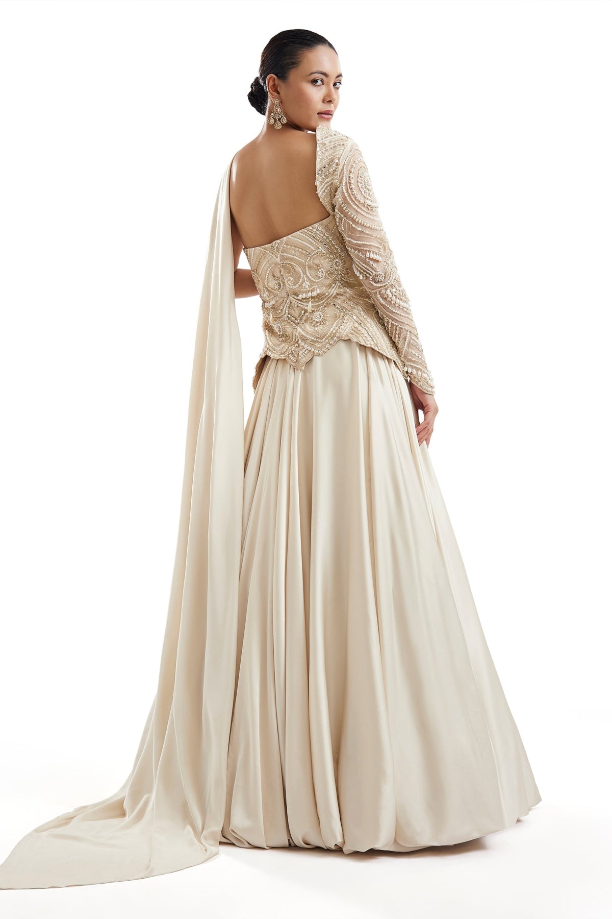 Off-White One-Shoulder Lehenga With Attached Pallu