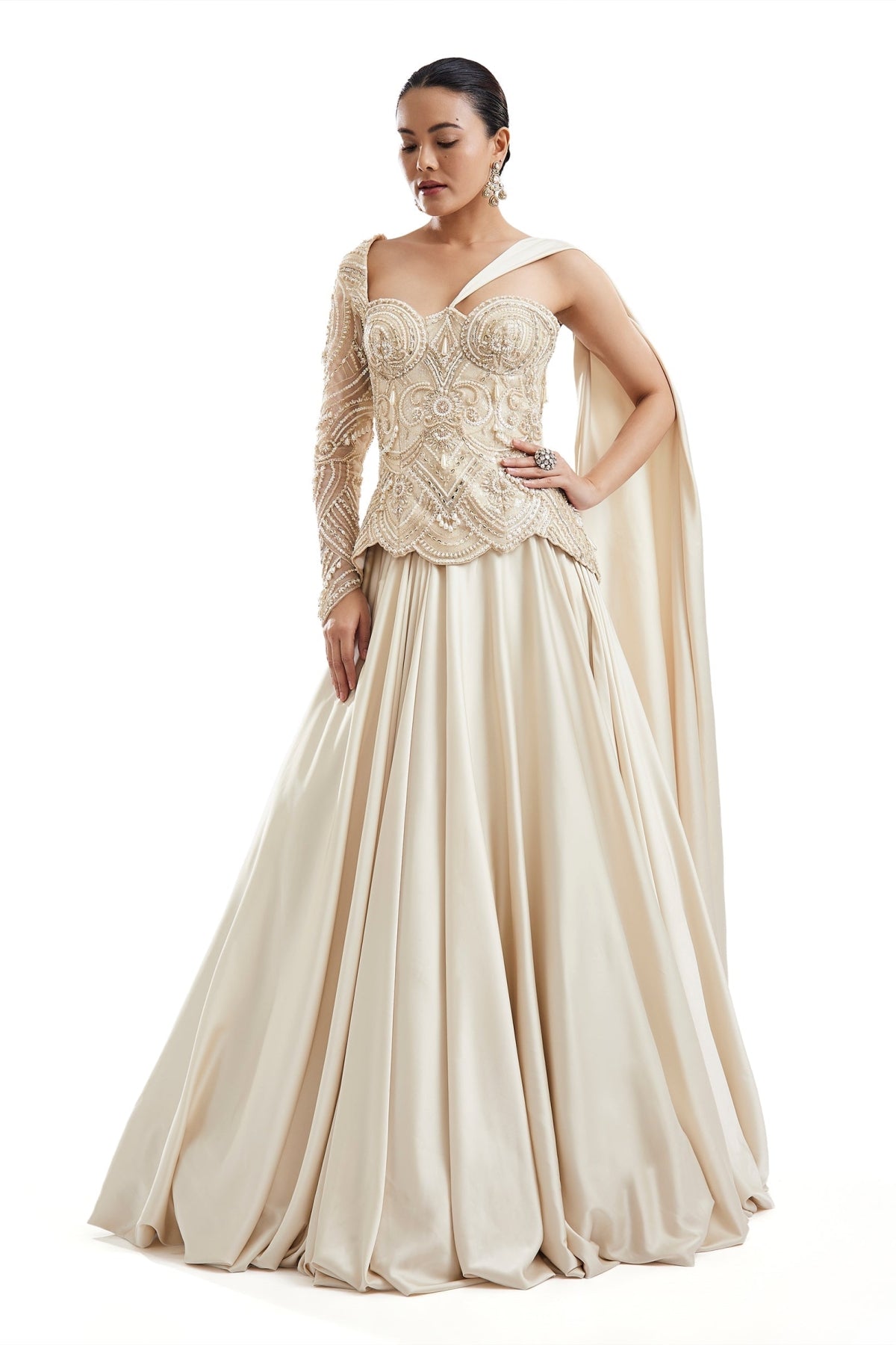 Off-White One-Shoulder Lehenga With Attached Pallu
