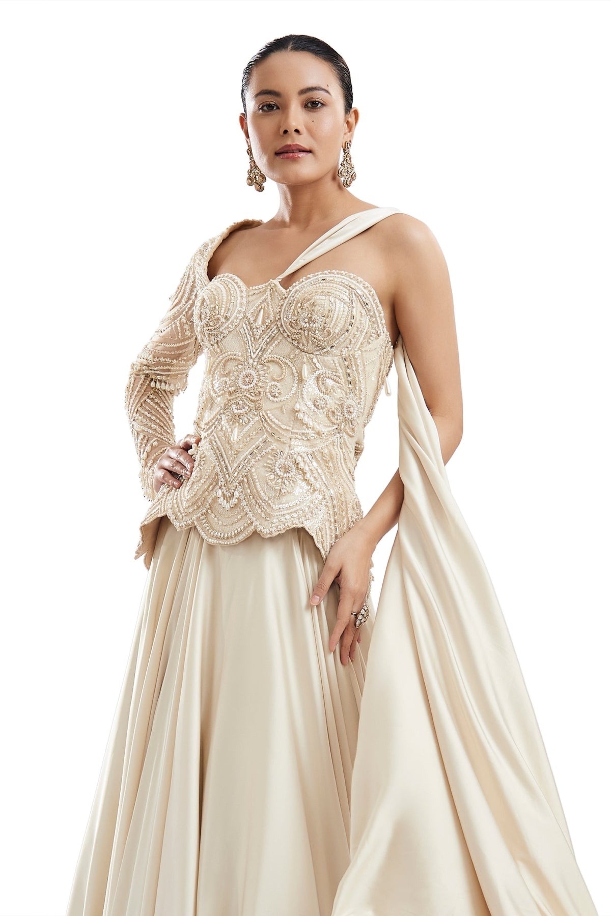 Off-White One-Shoulder Lehenga With Attached Pallu
