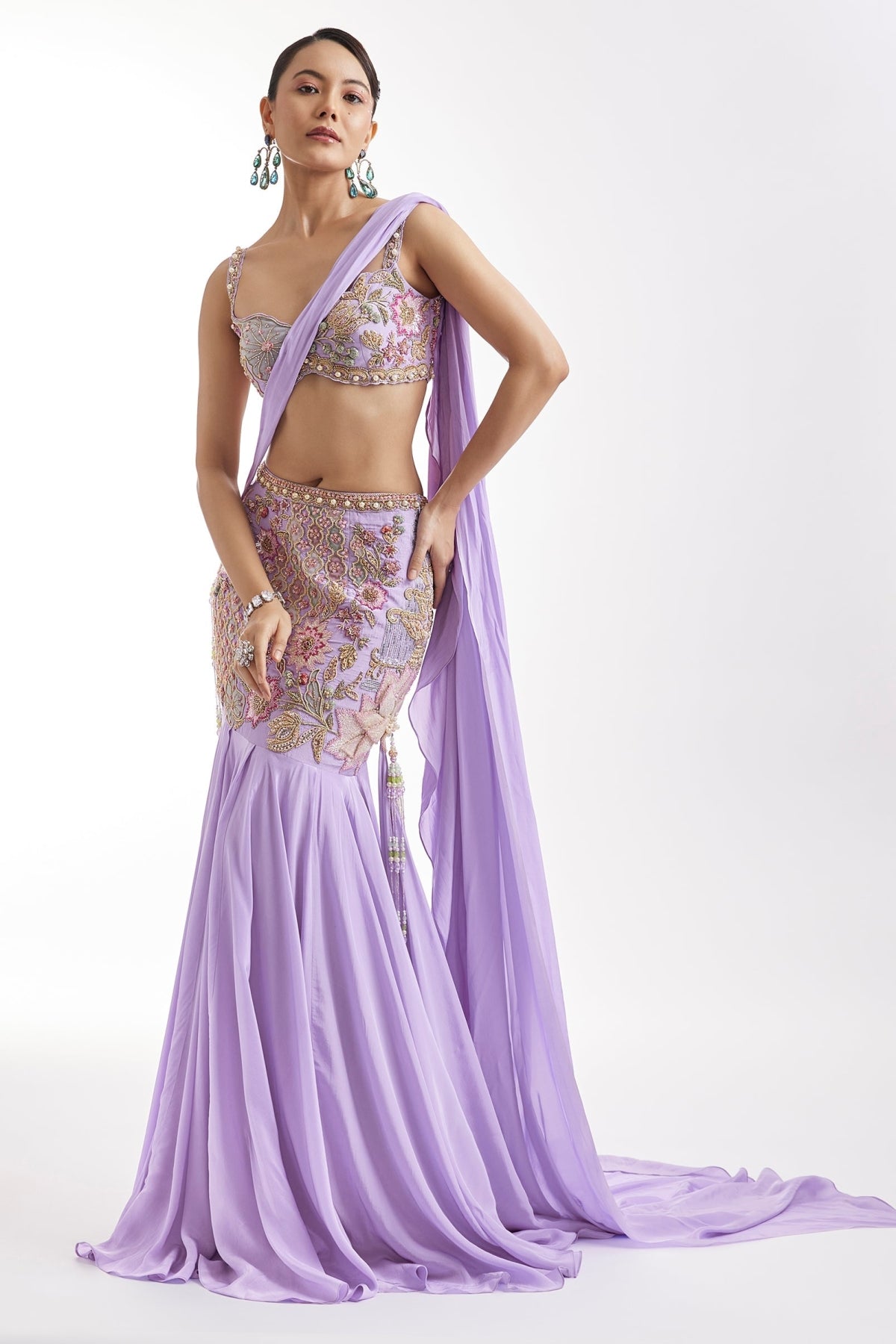 Lilac Embroidered Blouse And Draped Skirt Set