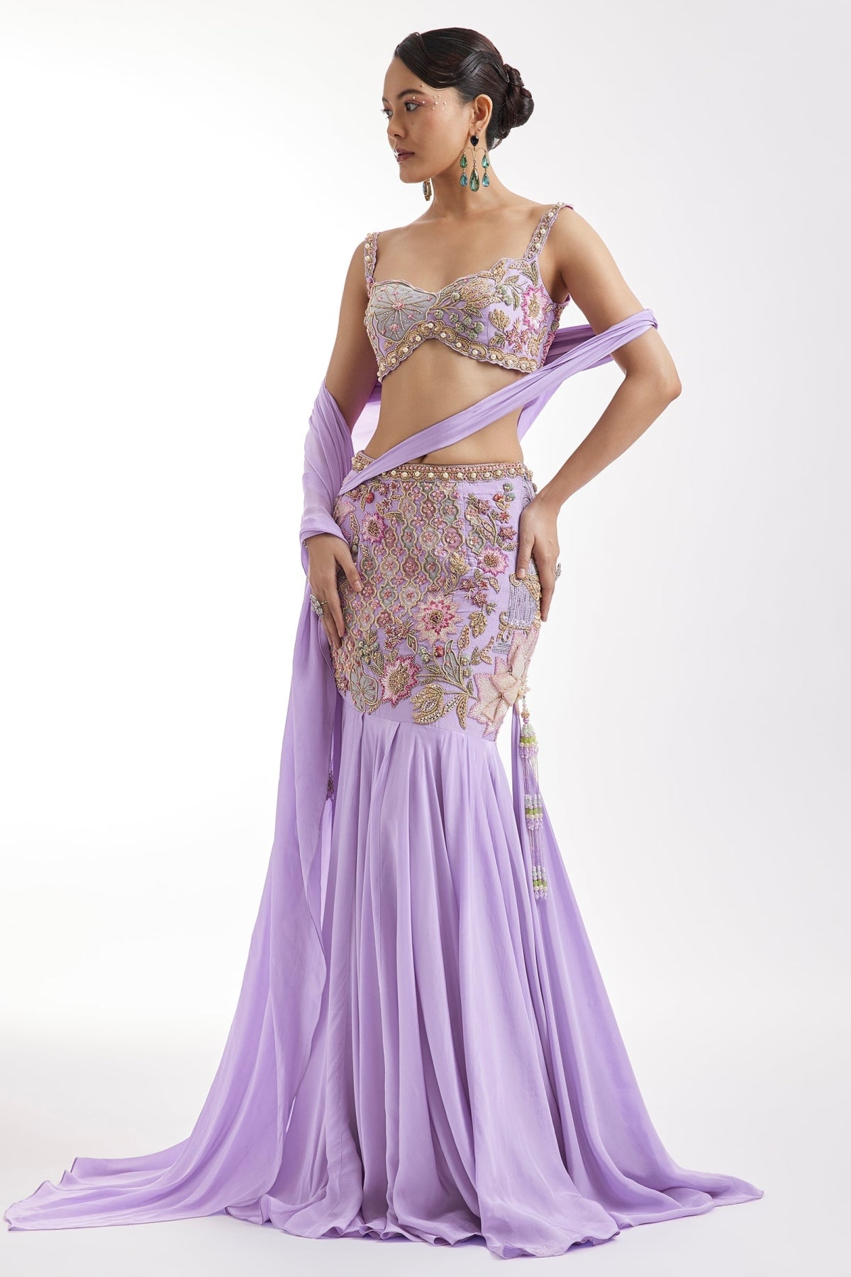 Lilac Embroidered Blouse And Draped Skirt Set