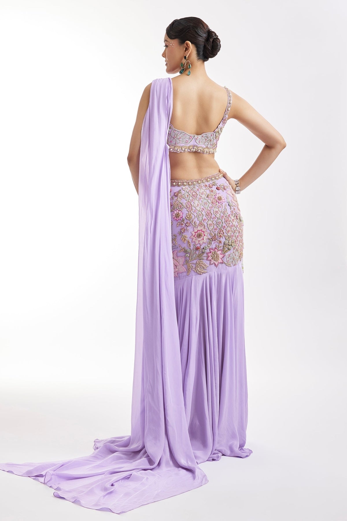 Lilac Embroidered Blouse And Draped Skirt Set