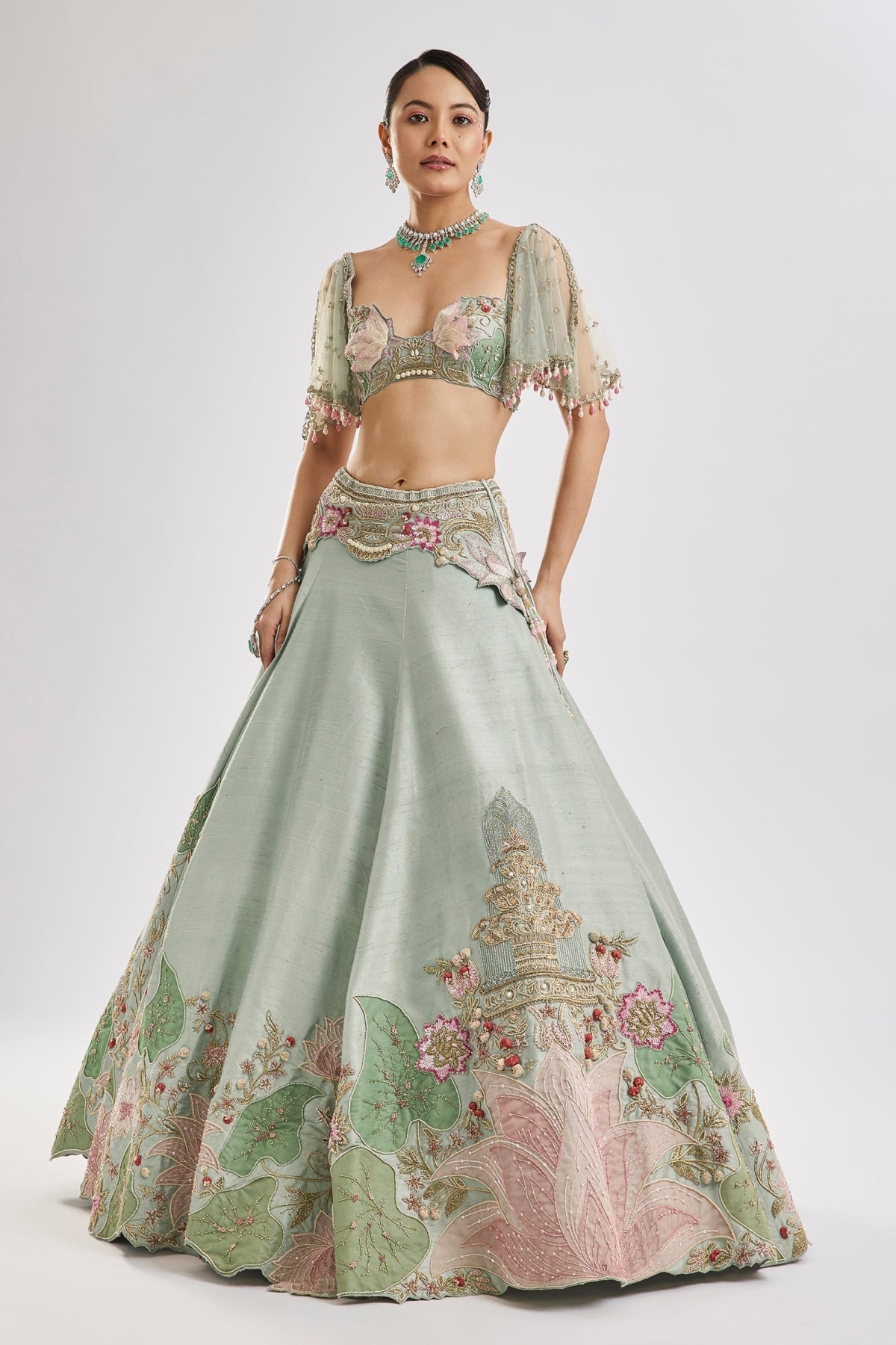 Sea Green Embroidered Lehenga Set With Cape