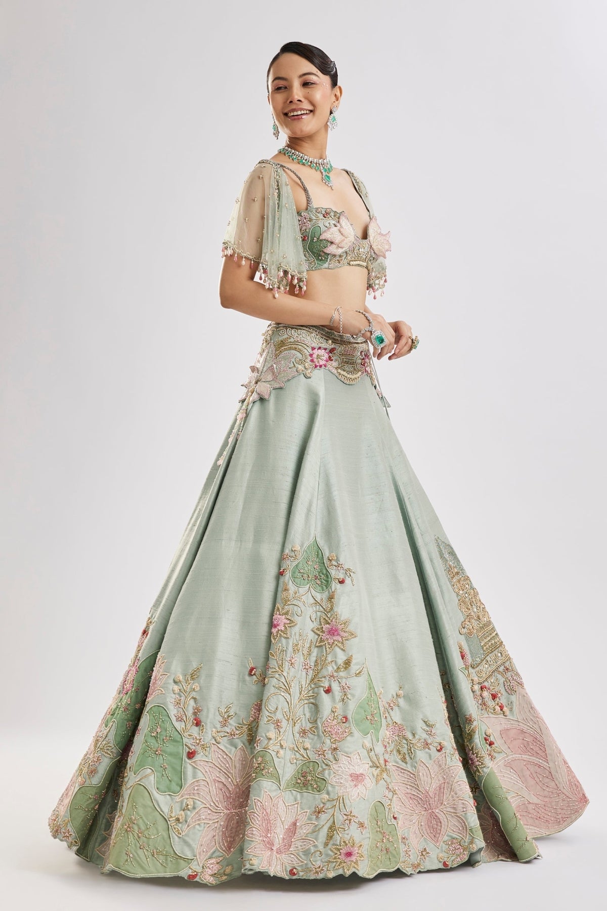 Sea Green Embroidered Lehenga Set With Cape