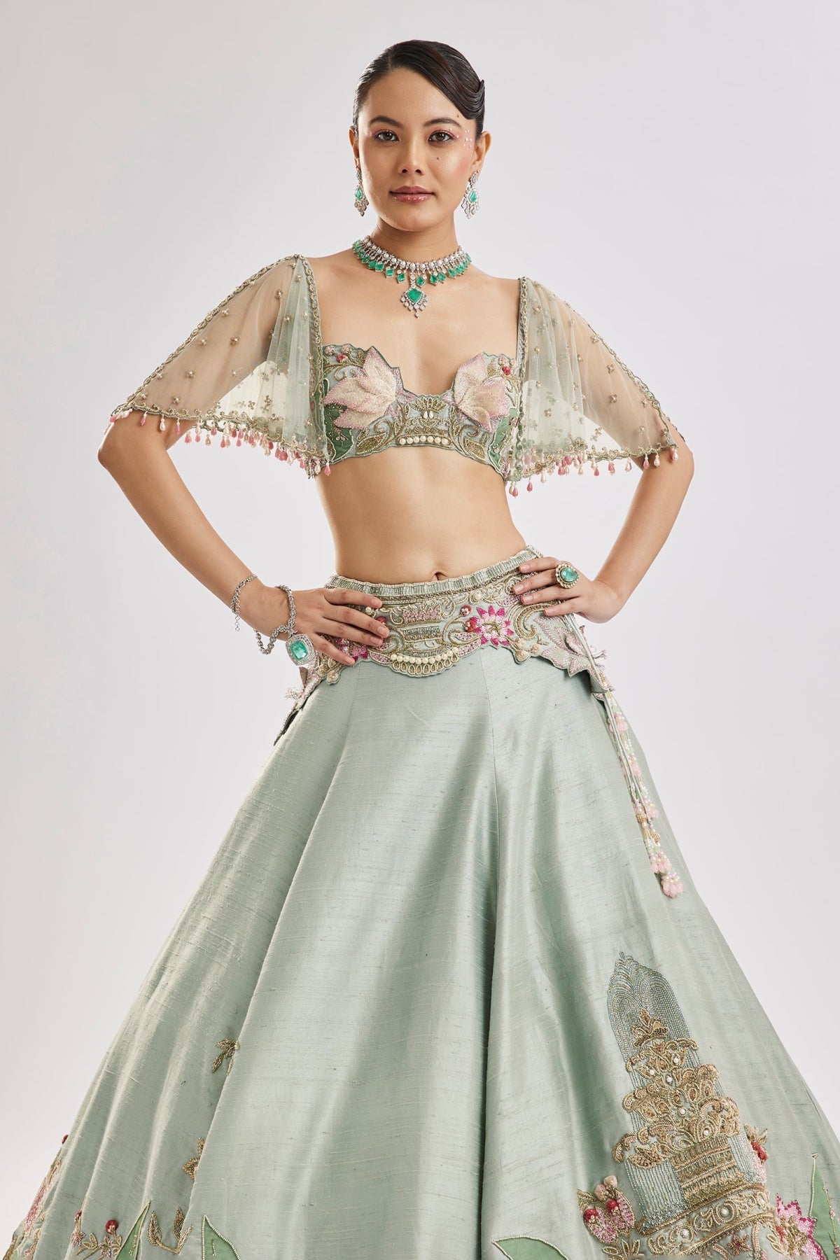 Sea Green Embroidered Lehenga Set With Cape