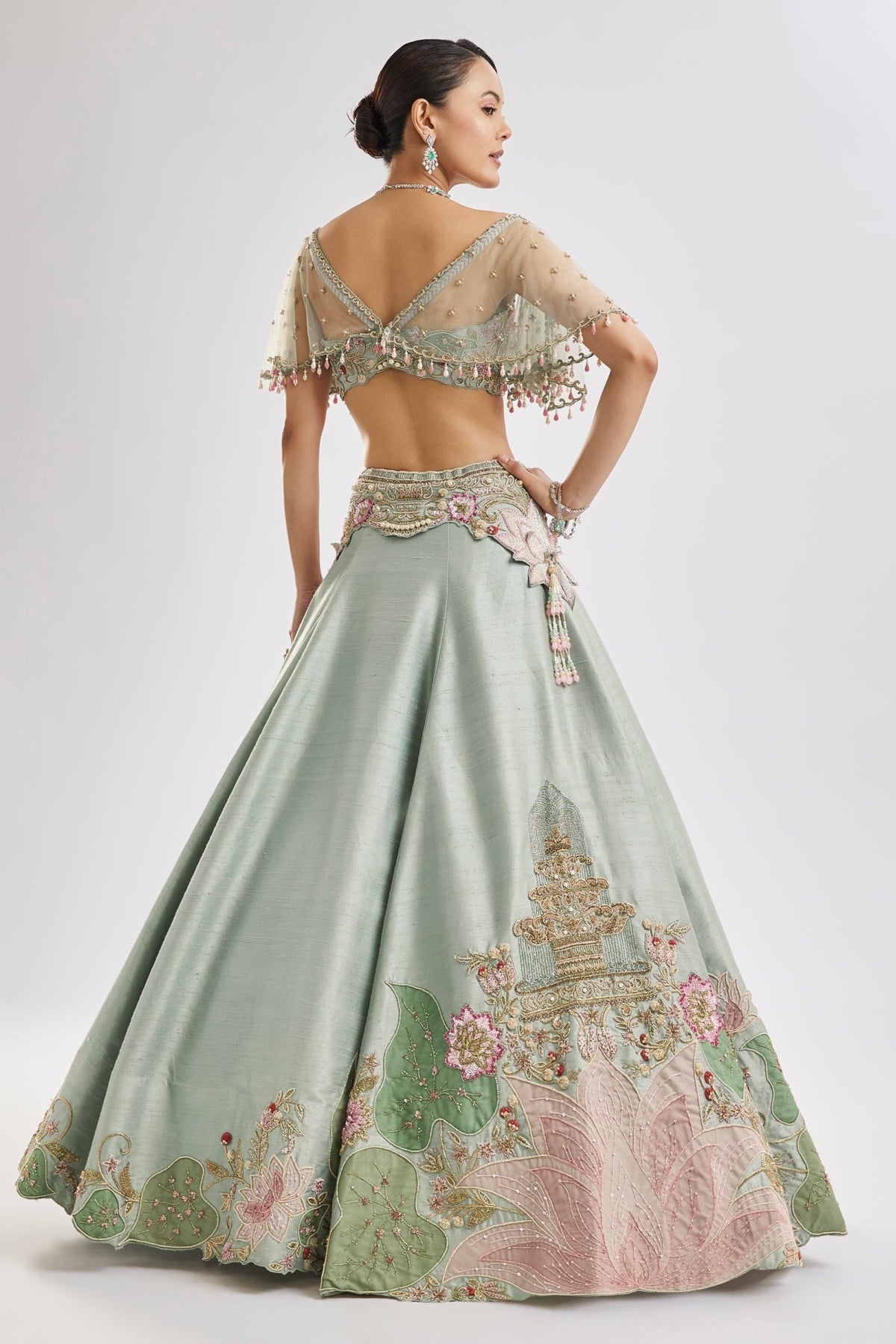 Sea Green Embroidered Lehenga Set With Cape