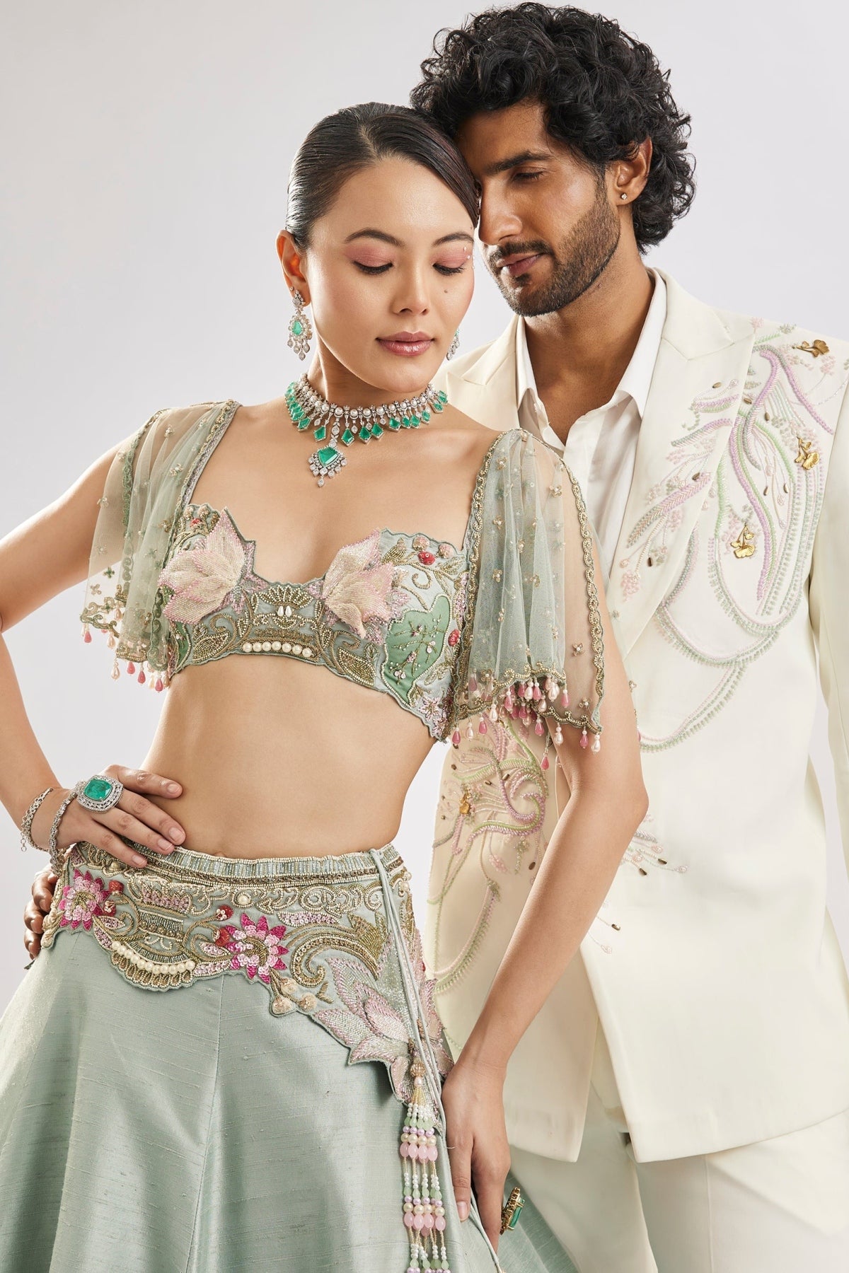 Sea Green Embroidered Lehenga Set With Cape