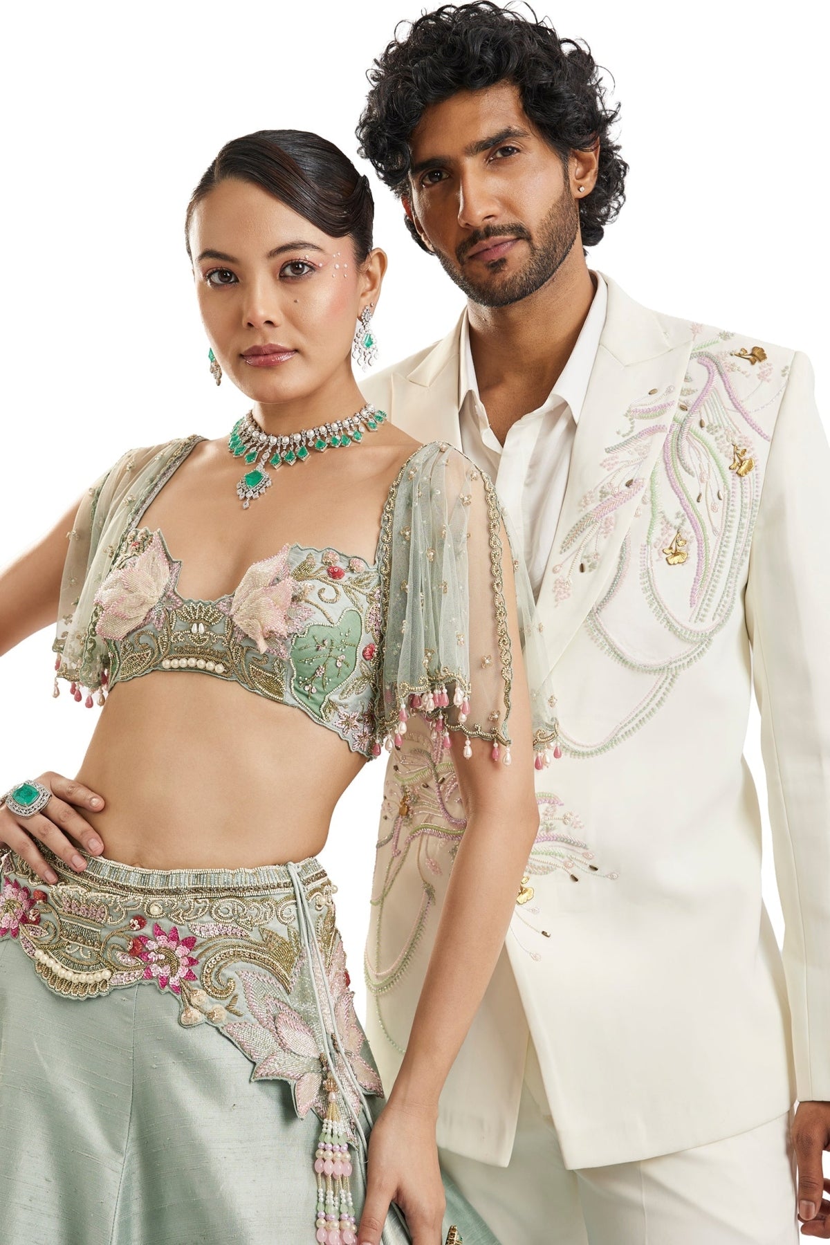 Sea Green Embroidered Lehenga Set With Cape