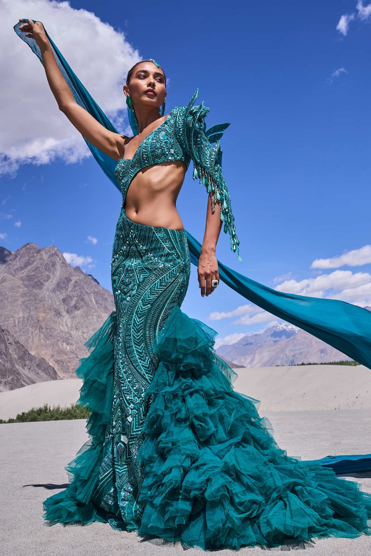 Green Mermaid Net Organza Fish Cut Gown