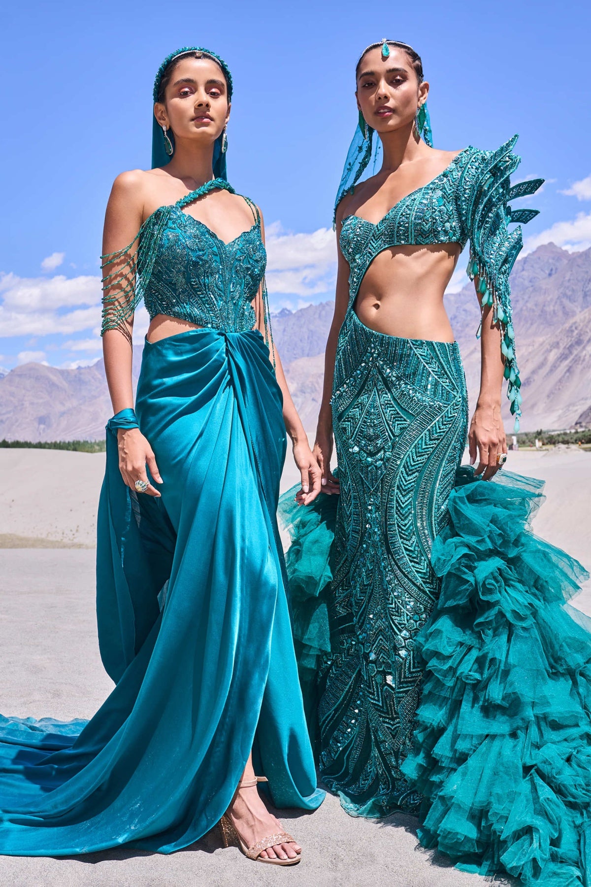 Green Mermaid Net Organza Fish Cut Gown