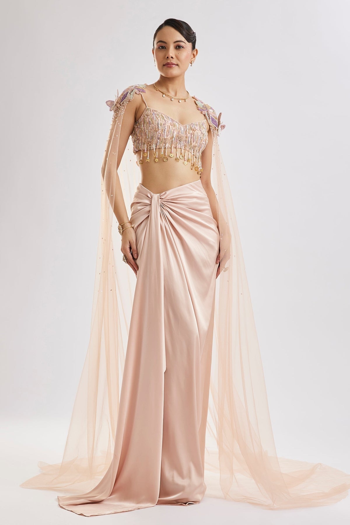 Peach Butterfly Blouse With Draped Skirt And Cape Set