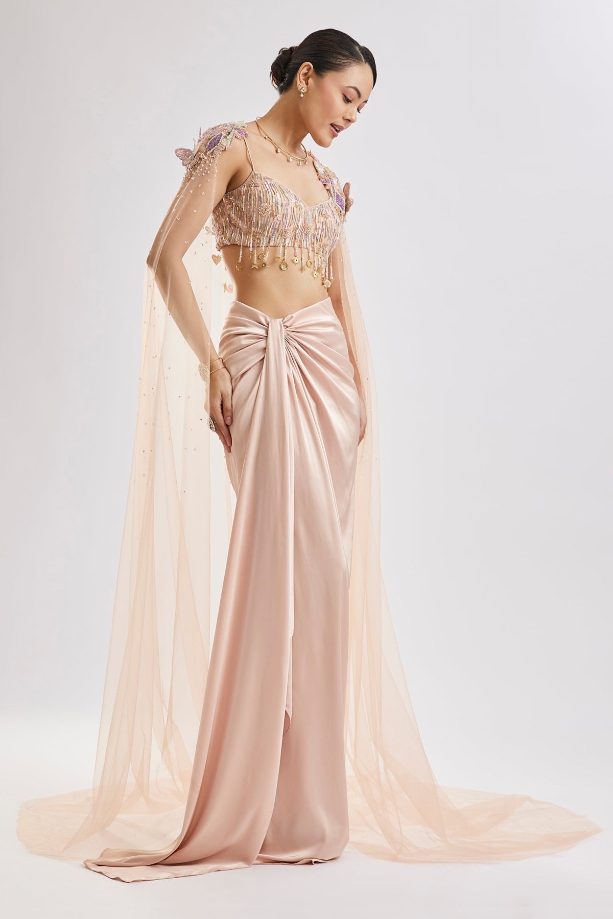 Peach Butterfly Blouse With Draped Skirt And Cape Set