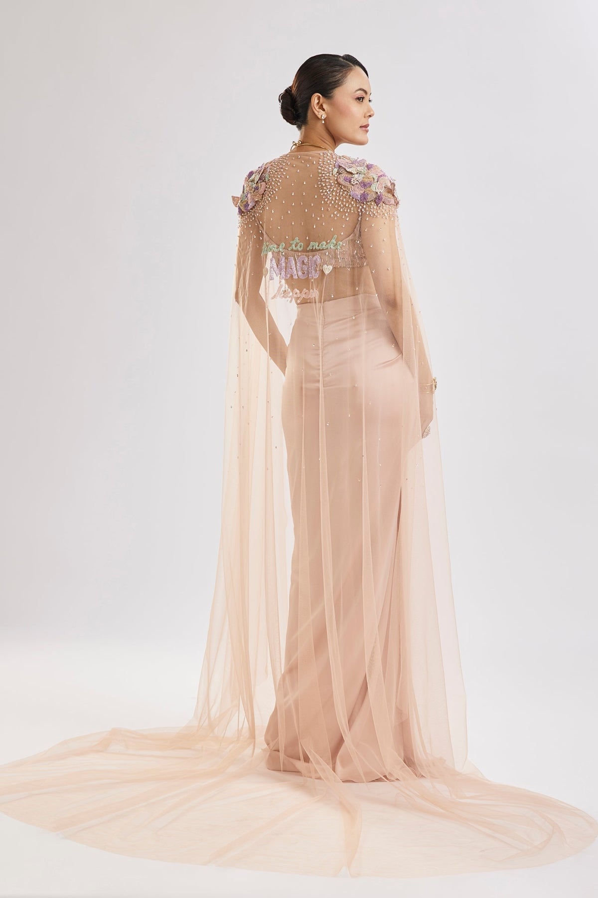Peach Butterfly Blouse With Draped Skirt And Cape Set