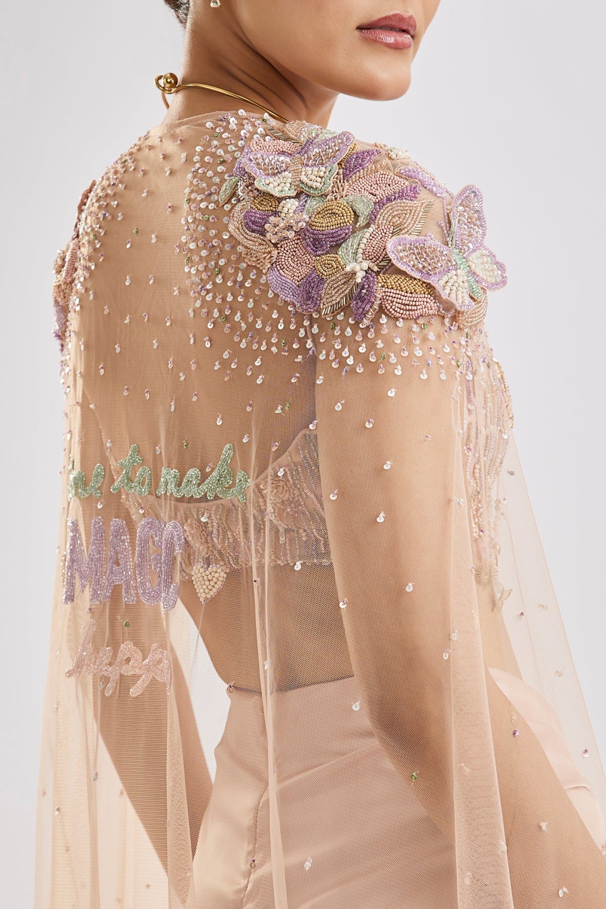 Peach Butterfly Blouse With Draped Skirt And Cape Set