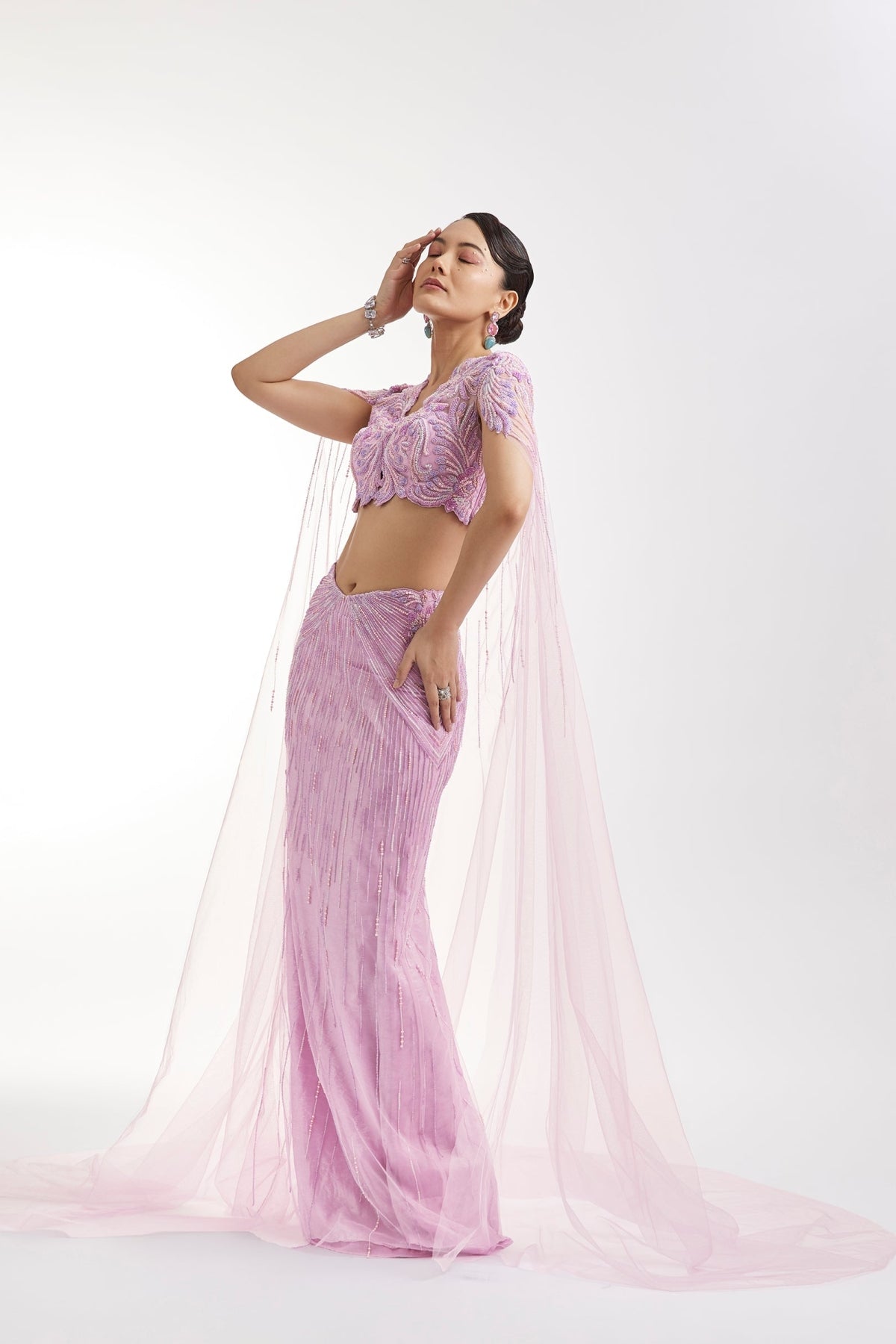 Lilac Embroidered Lehenga Set With Cape Blouse