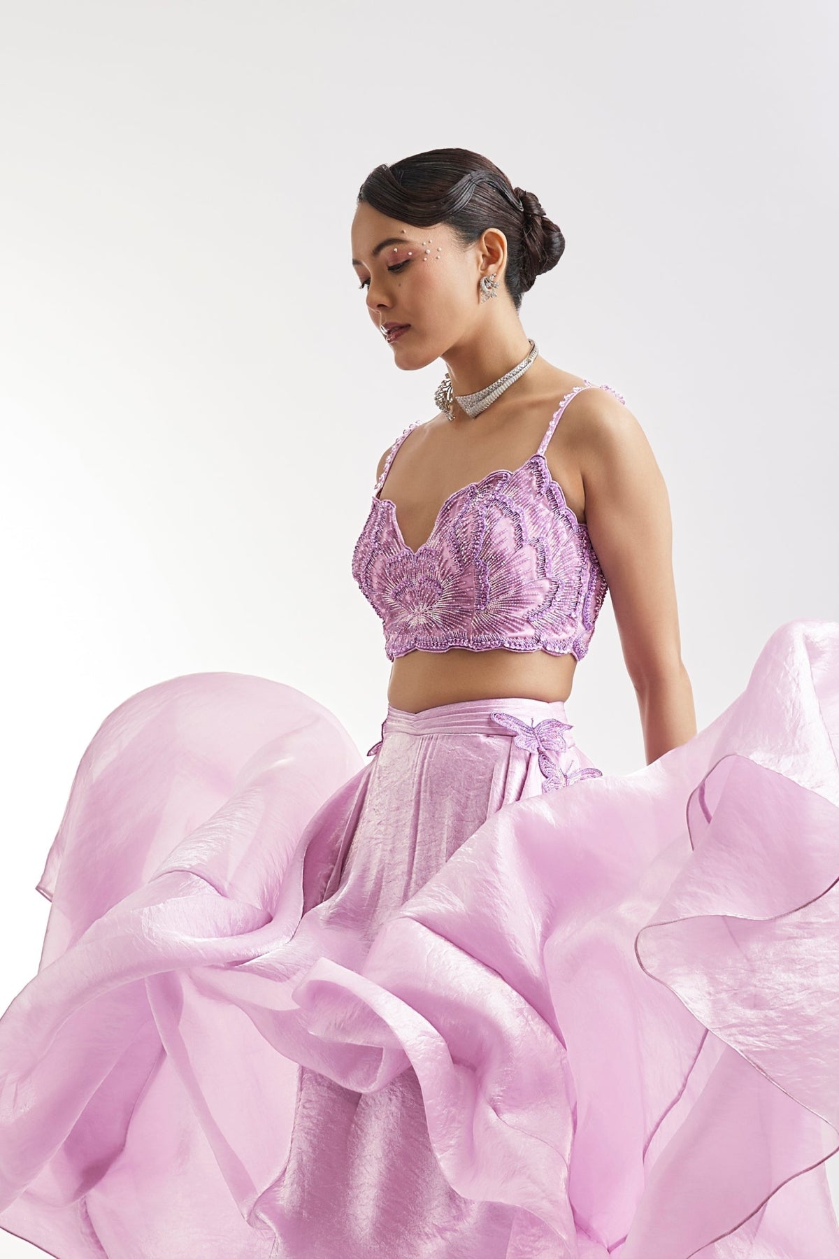 Lilac Embroidered Lehenga Set With Panel Detailing