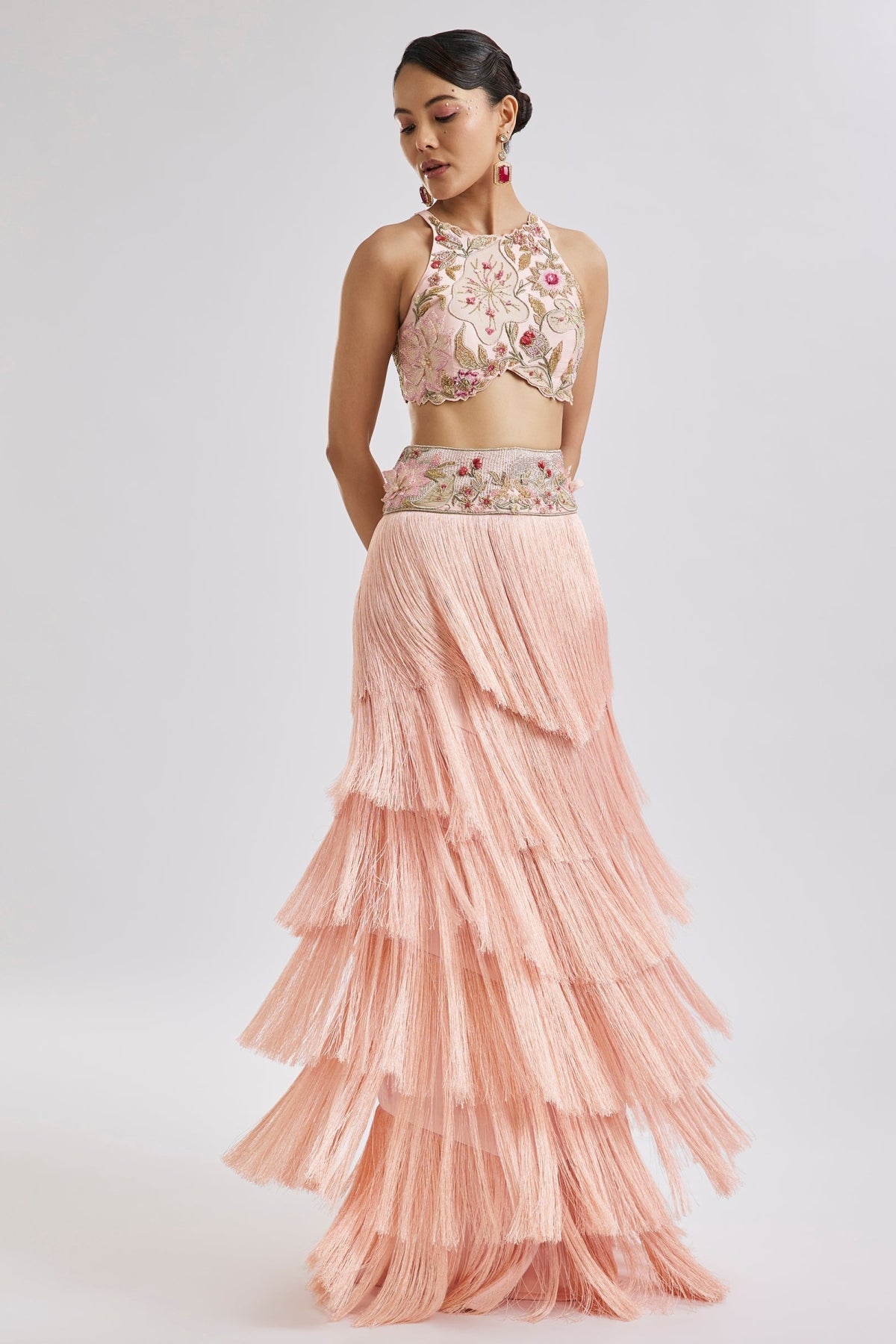 Peach Embroidered Blouse With Fringed Skirt Set