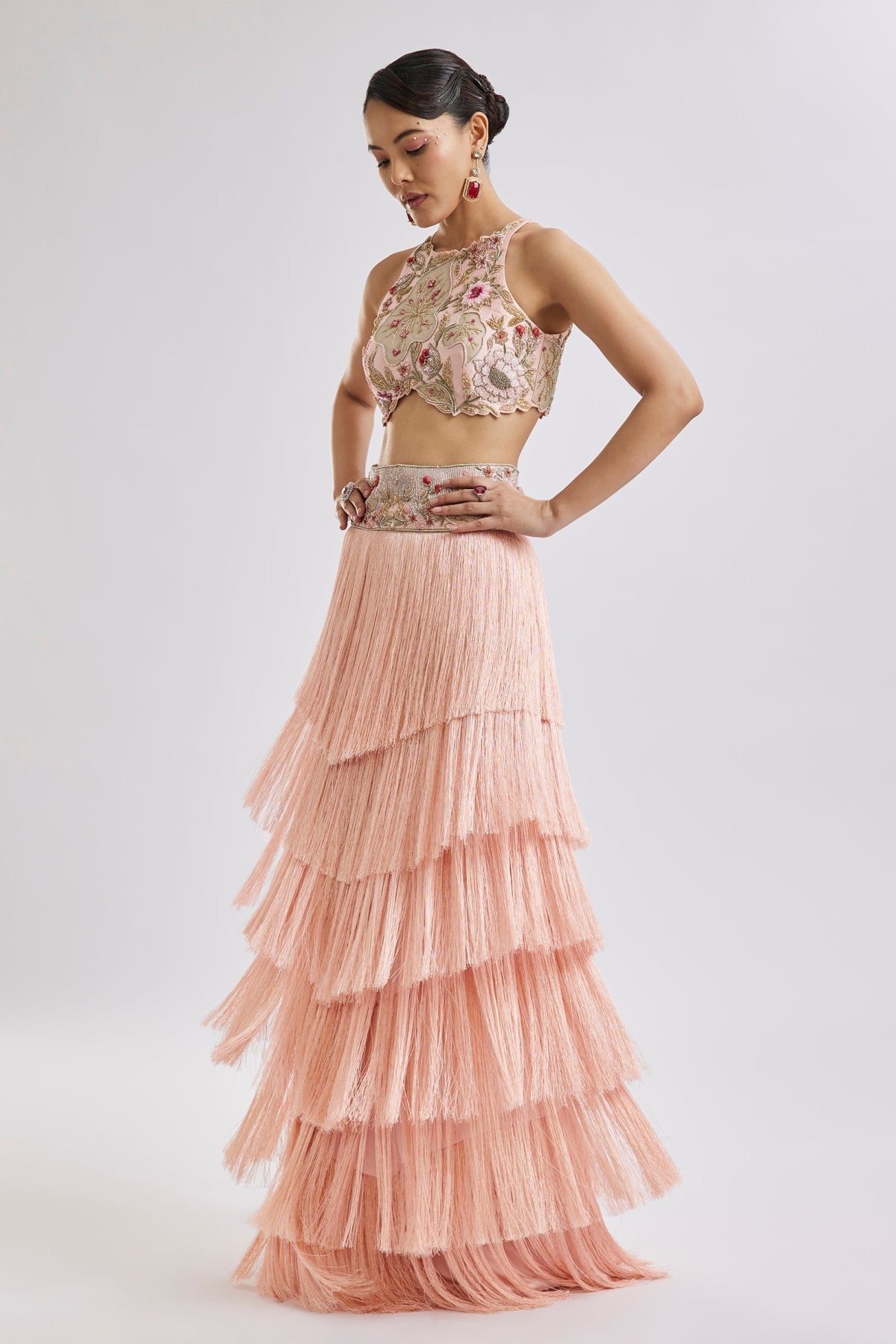 Peach Embroidered Blouse With Fringed Skirt Set