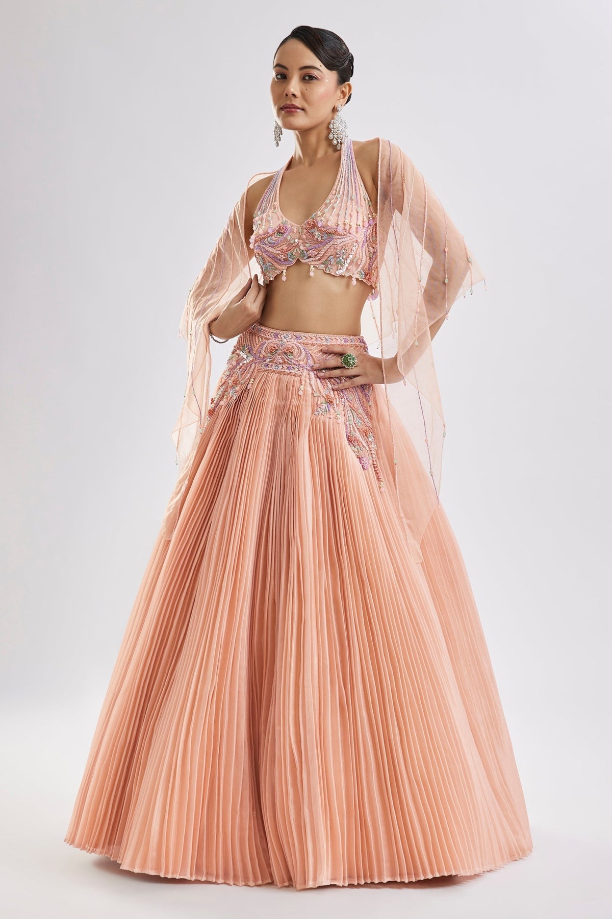 Peach Embroidered Lehenga Set With Dupatta