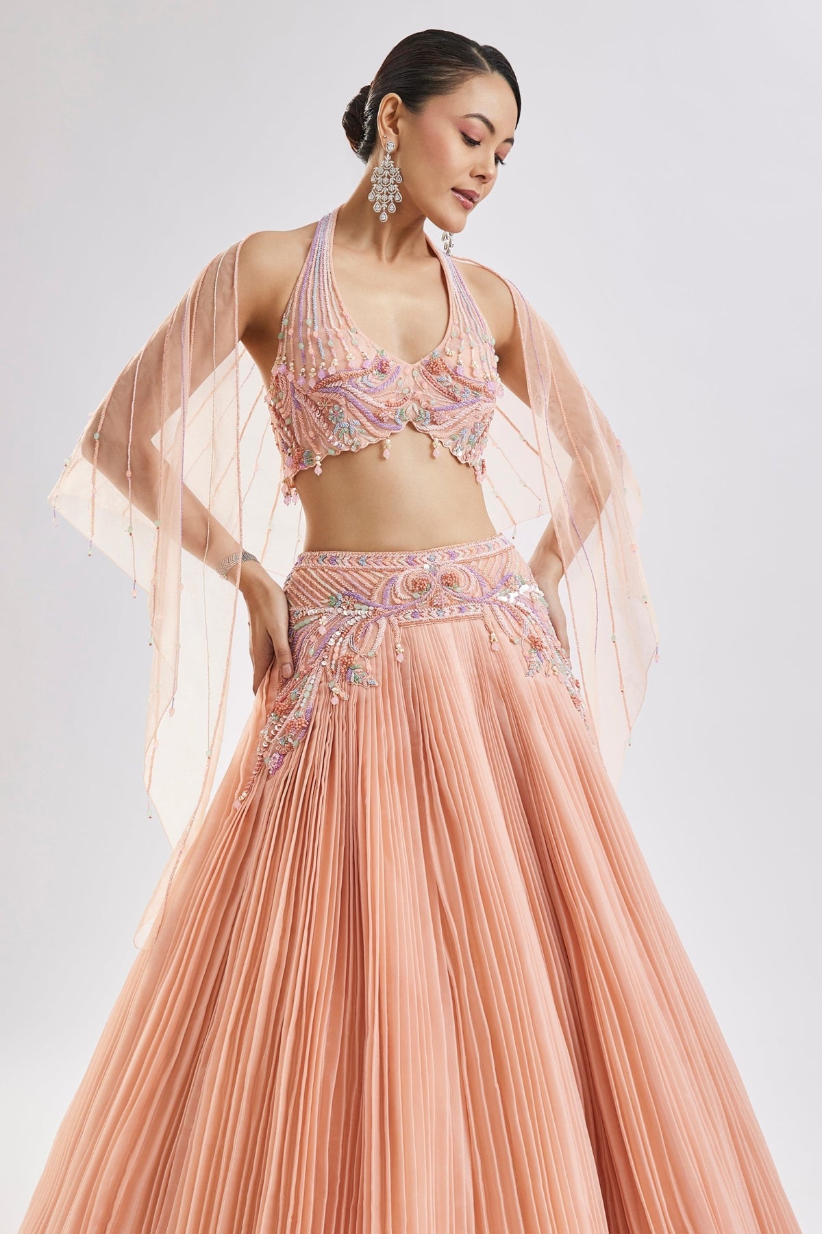 Peach Embroidered Lehenga Set With Dupatta