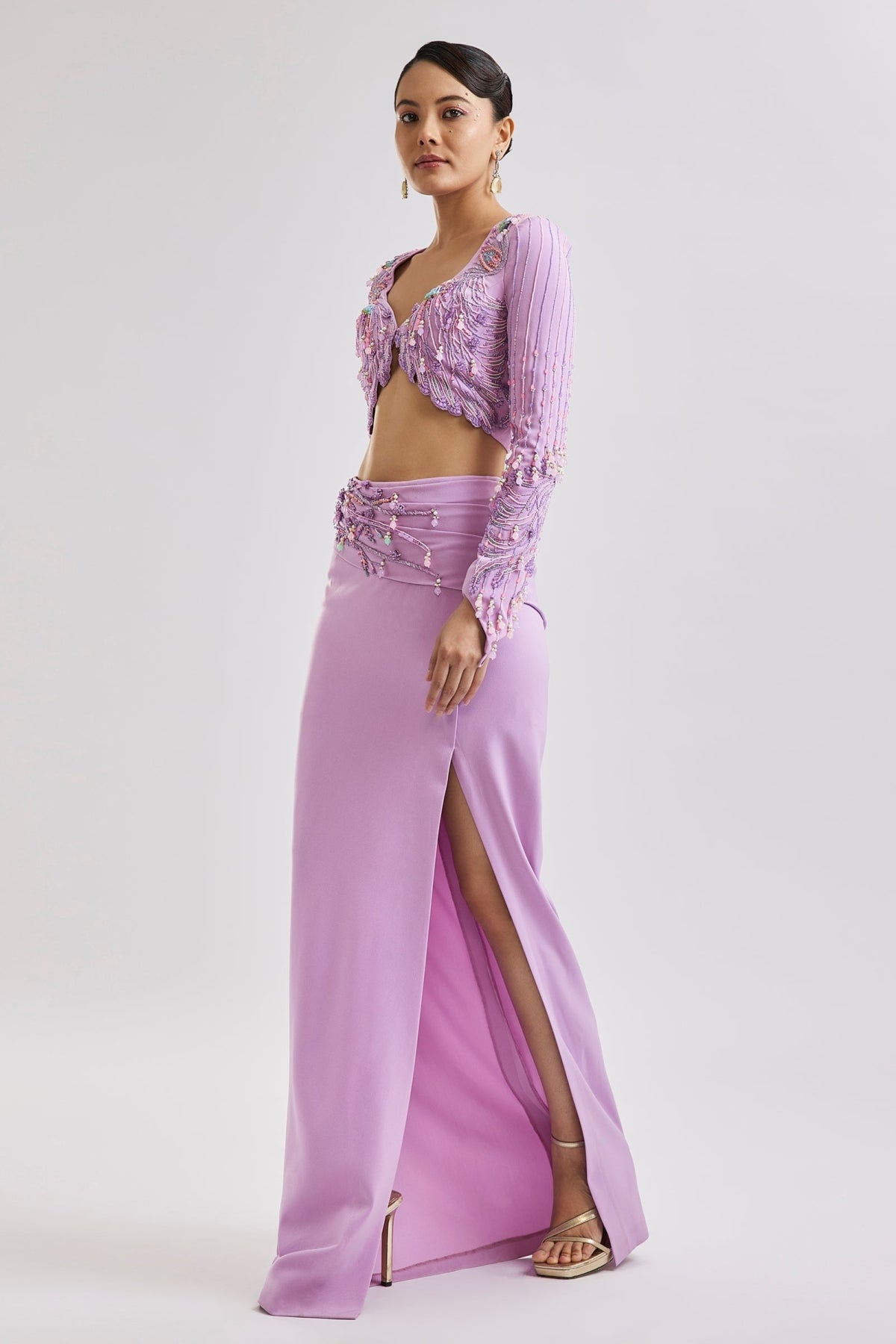 Lilac Embroidered Blouse With Draped Skirt Set