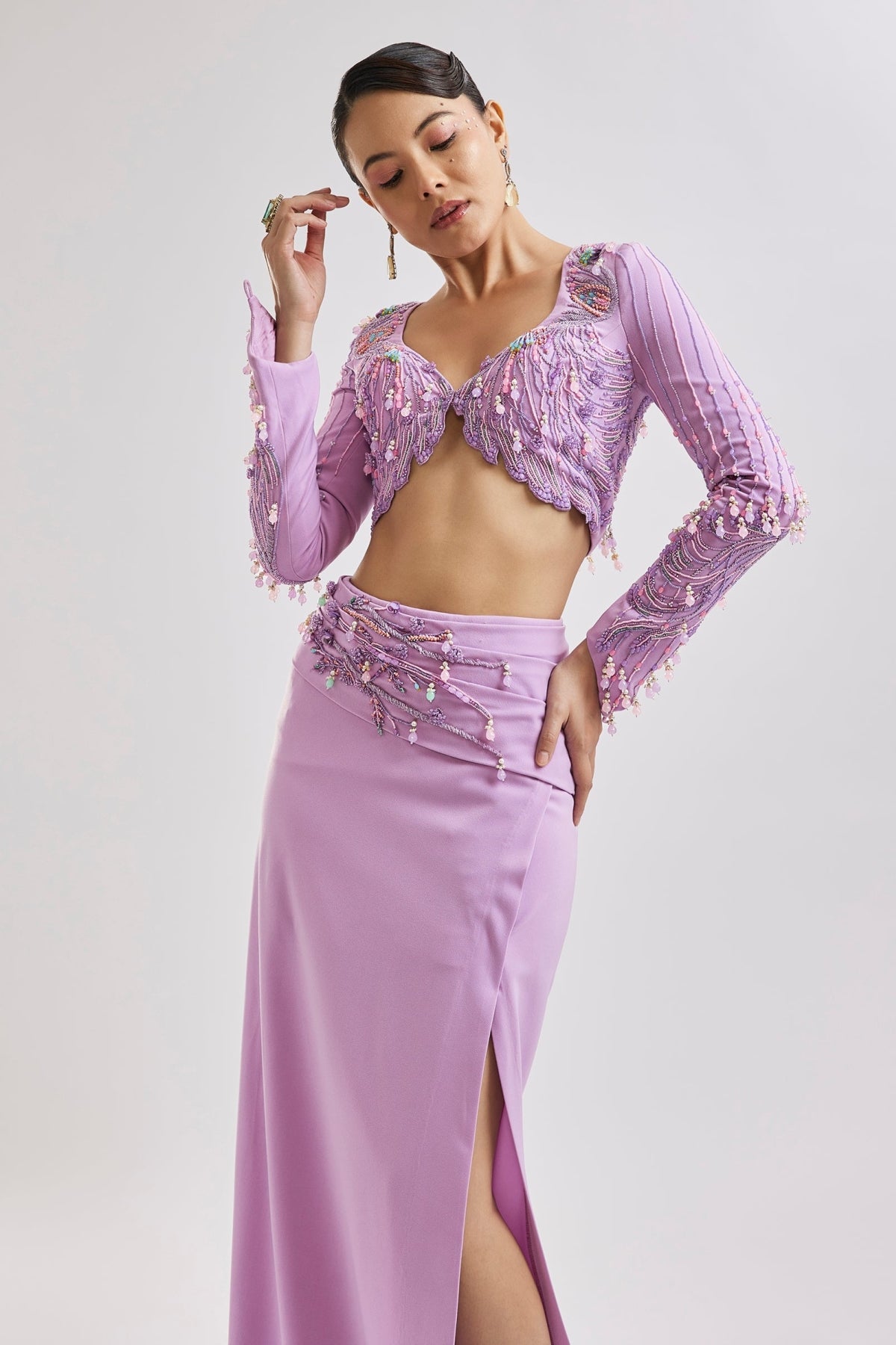 Lilac Embroidered Blouse With Draped Skirt Set