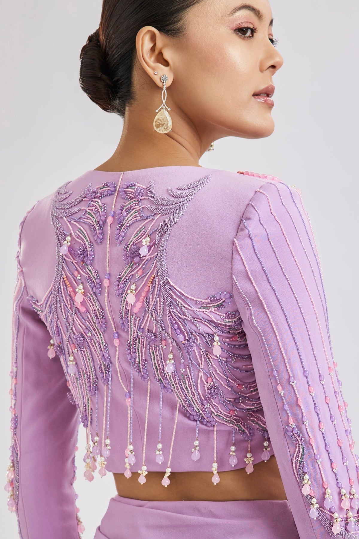 Lilac Embroidered Blouse With Draped Skirt Set