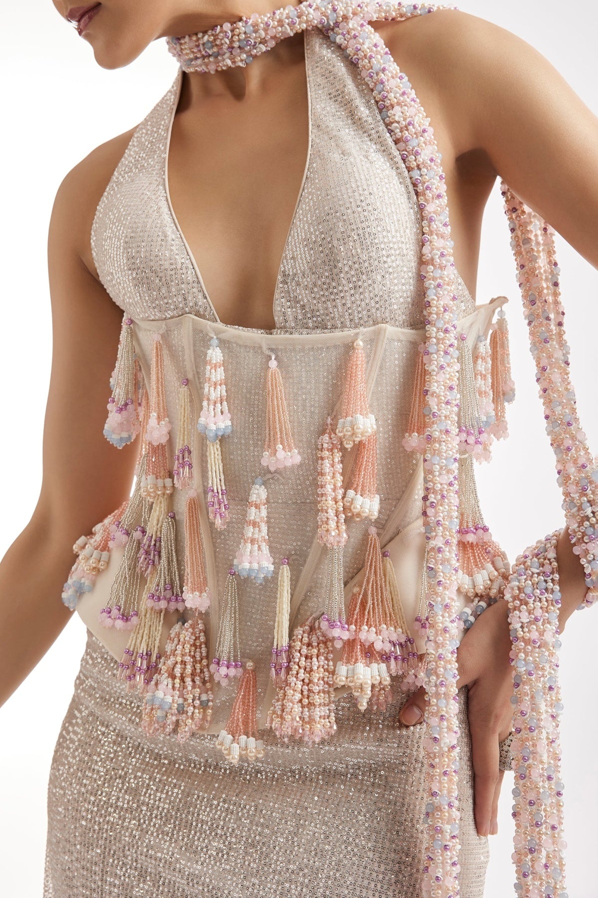 Purple Tassel Embroidered Corset Gown With Pearl Stole