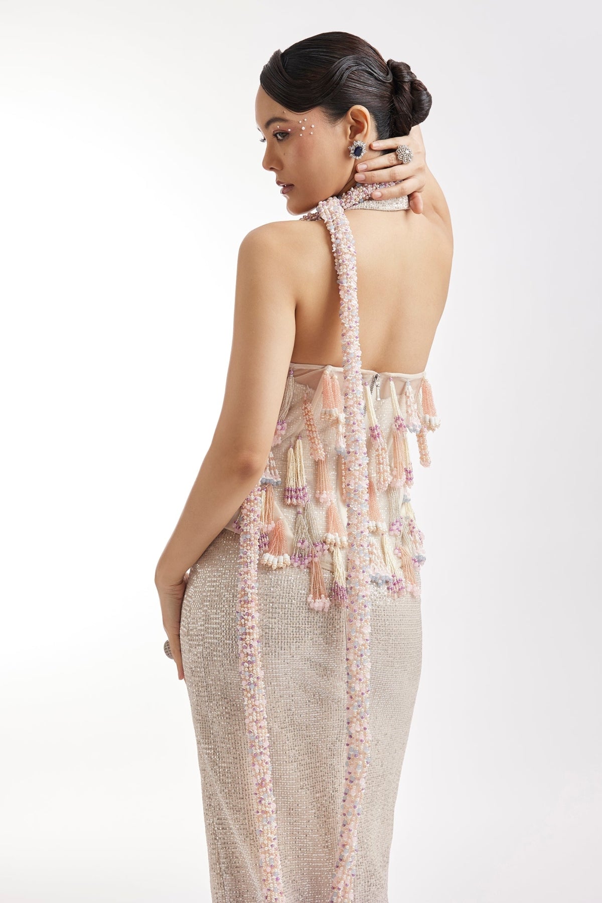 Purple Tassel Embroidered Corset Gown With Pearl Stole