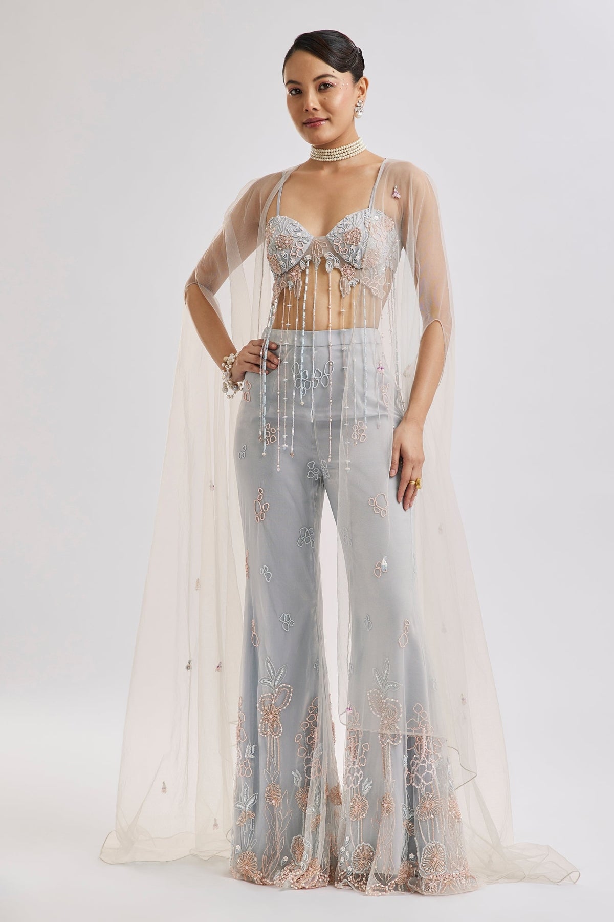 Sky Blue Embroidered Corset Cape Set