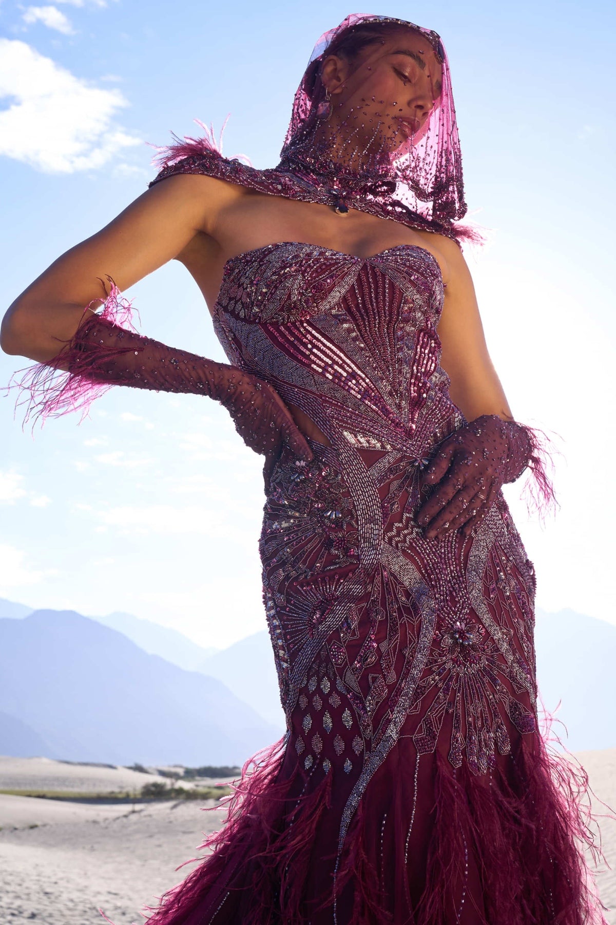 Wine Mermaid Feather Trail Gown With Embroidered Gloves And Veil