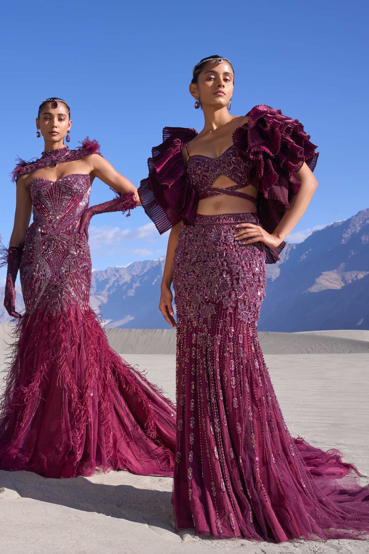 Wine Mermaid Feather Trail Gown With Embroidered Gloves And Veil