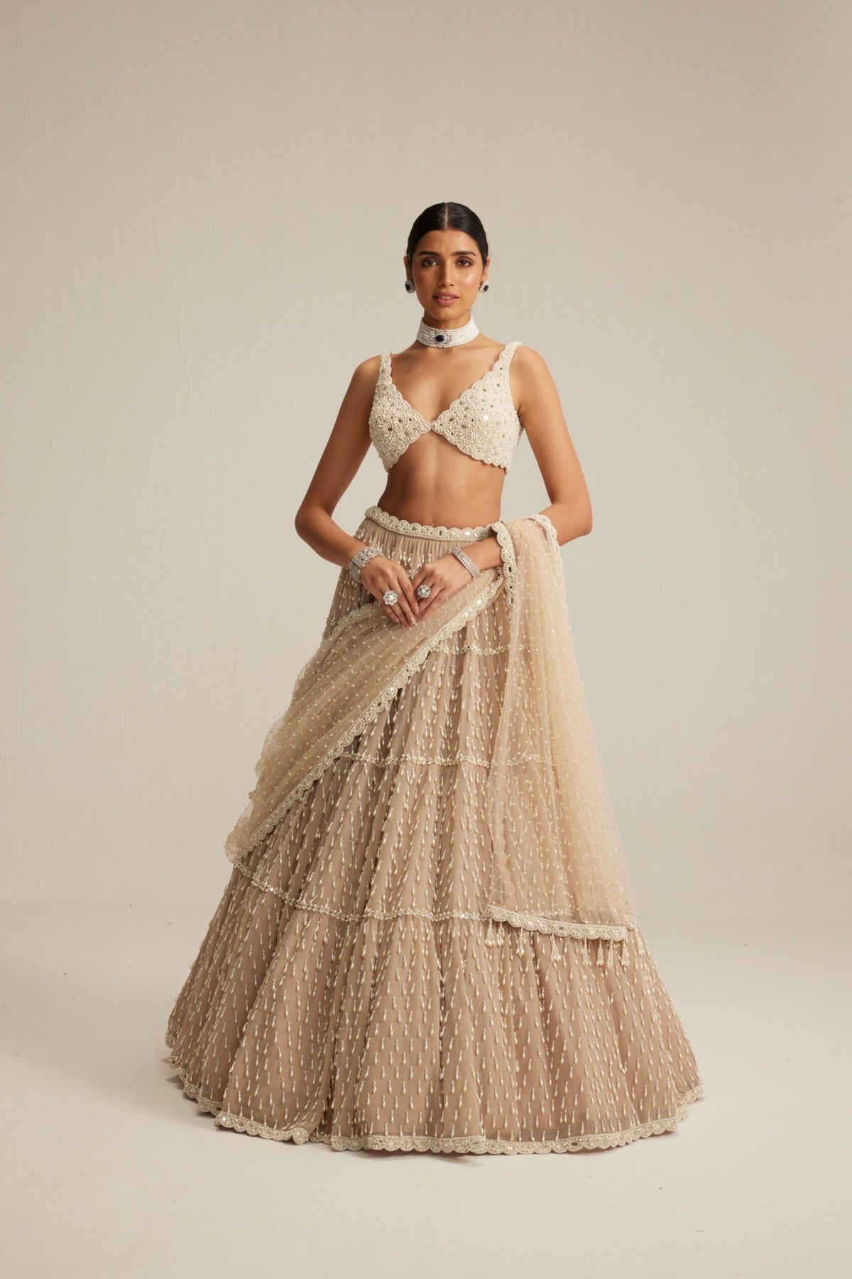 Light Beige Pearl Drop Multitier Lehenga with V neck Blouse