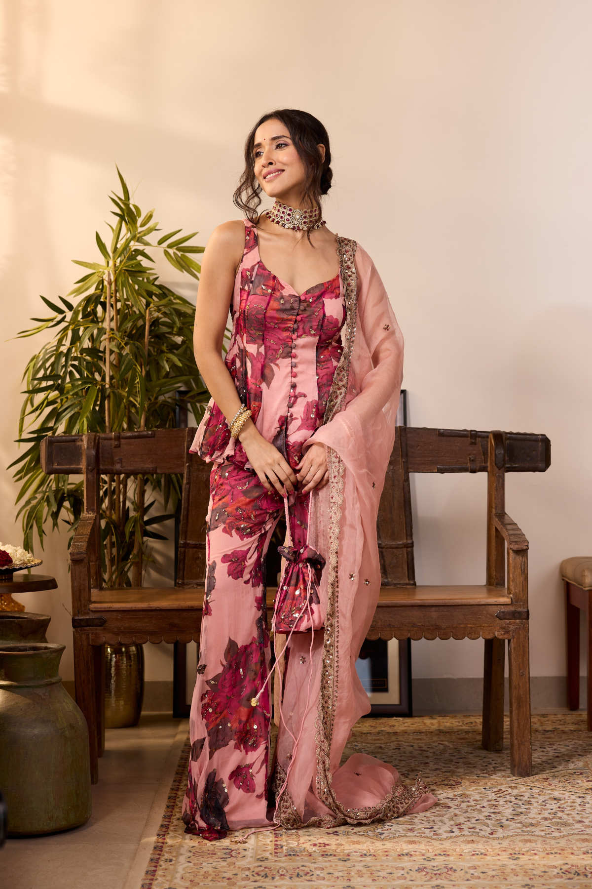 PEACH PINK CHIFFON FLORAL A-LINE SHORT KURTA & PANTS