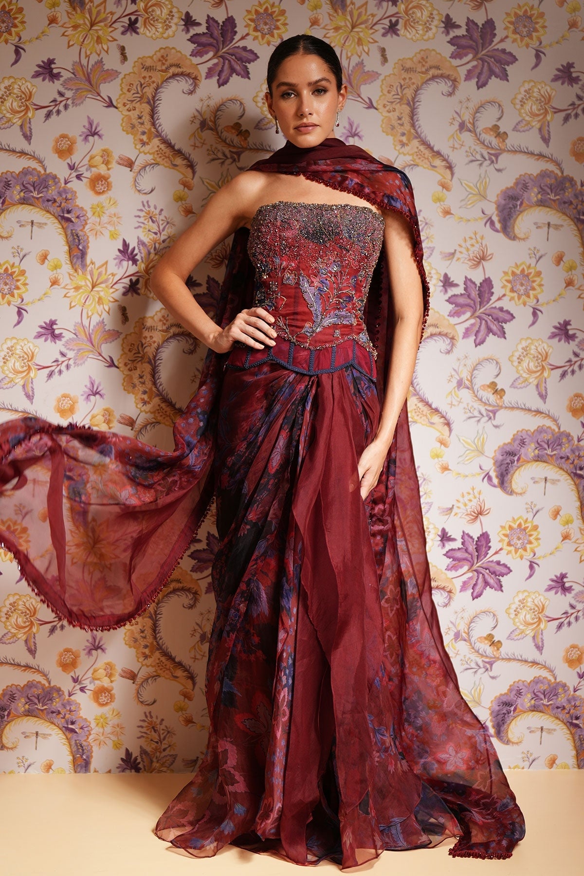 Mira Heavy Hand Embroidered Draped Skirt Set