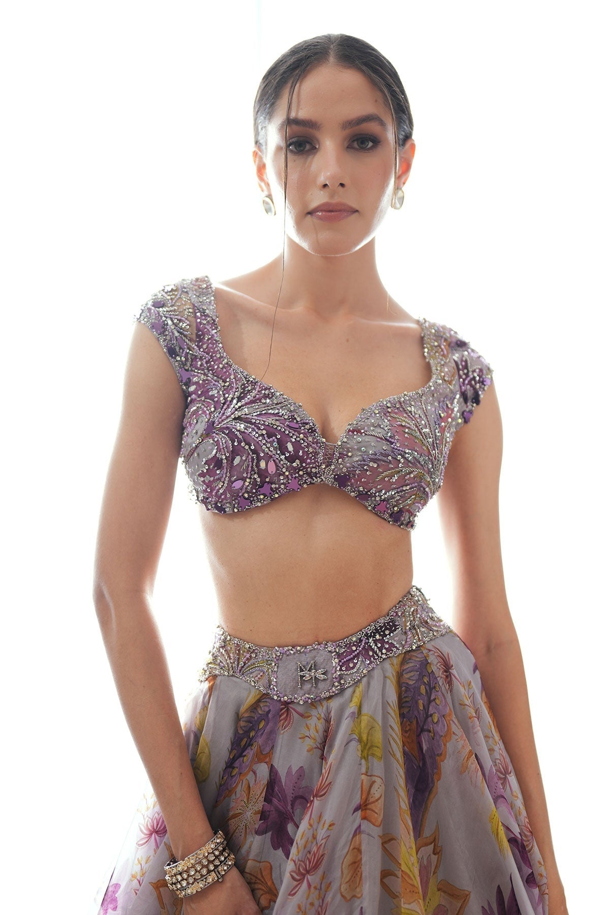 Layla Floral Lehenga Set With Heavy Hand Embroidered Blouse And Belt