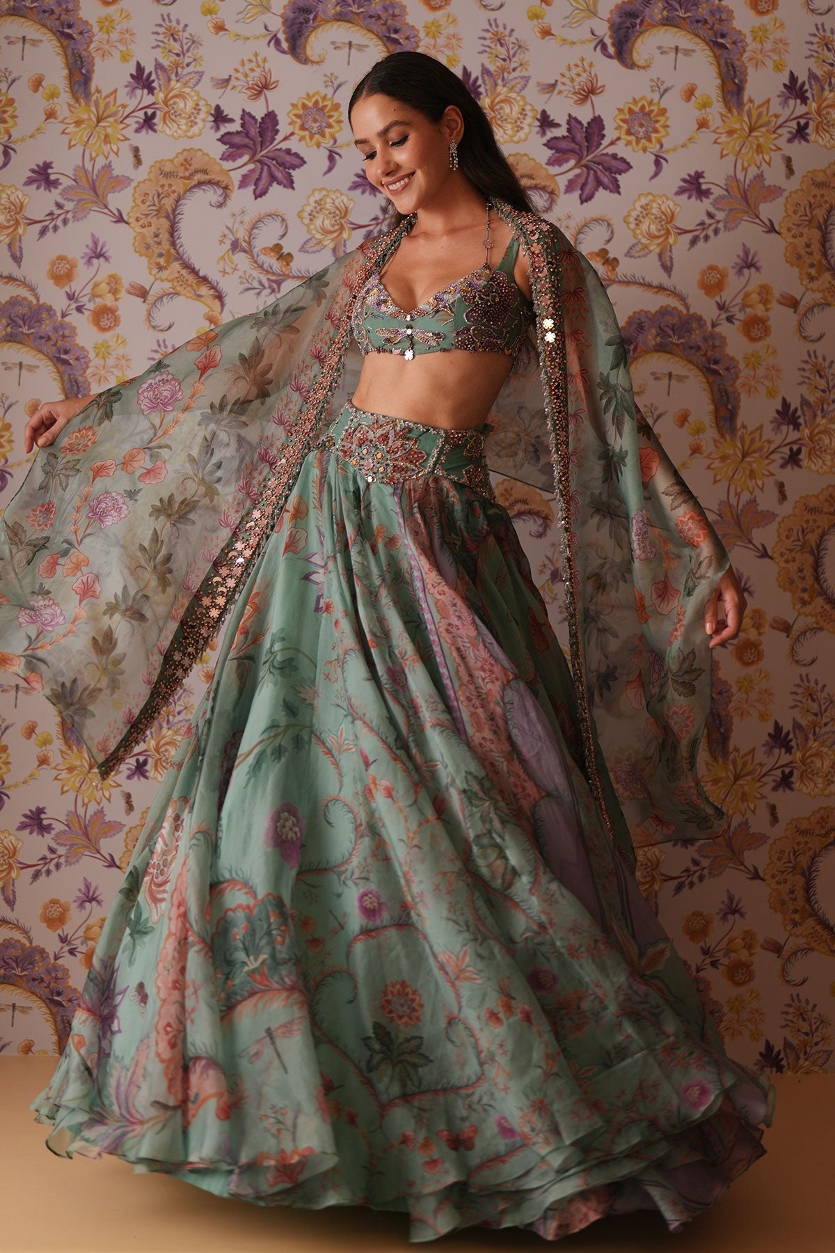 Areeba Floral Lehenga With Hand Embroidered Bralette Top