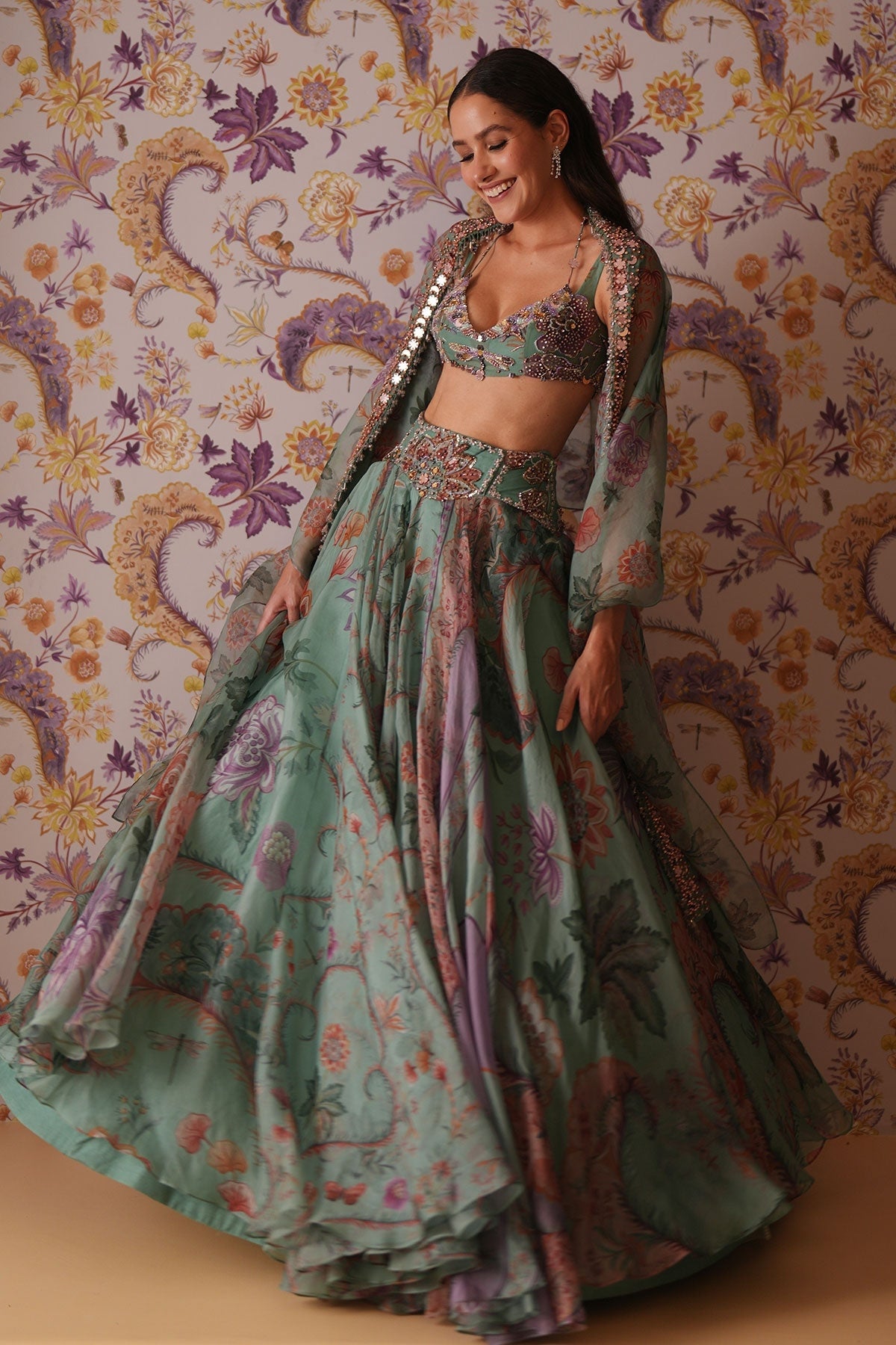 Areeba Floral Lehenga With Hand Embroidered Bralette Top