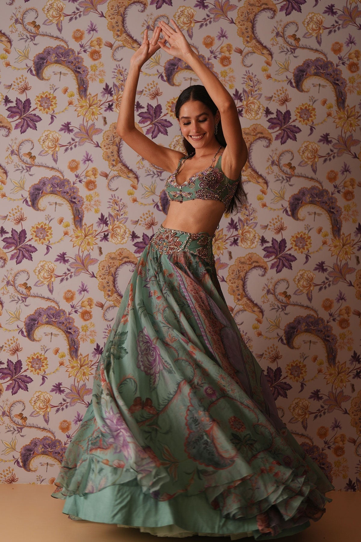 Areeba Floral Lehenga With Hand Embroidered Bralette Top