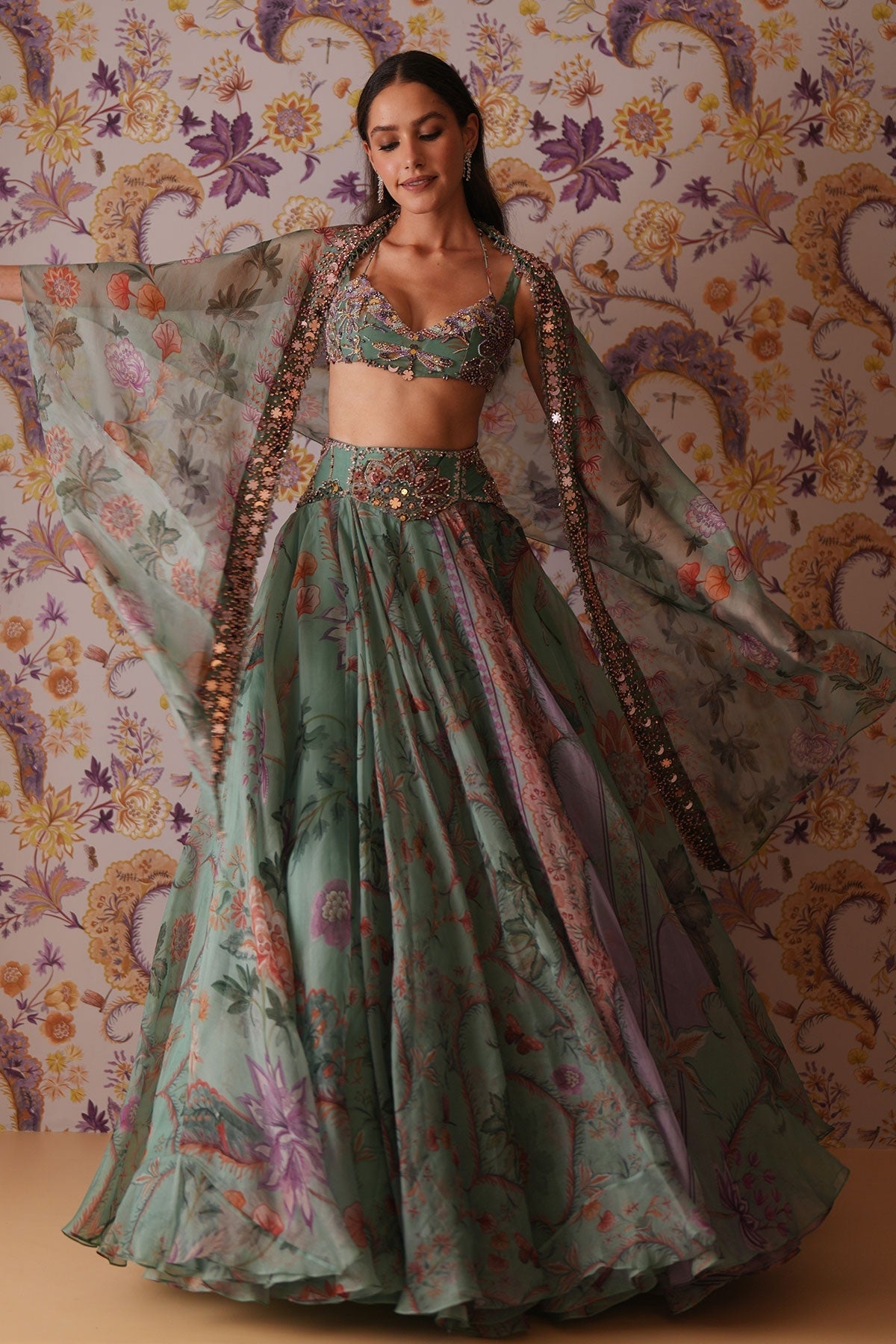 Areeba Floral Lehenga With Hand Embroidered Bralette Top