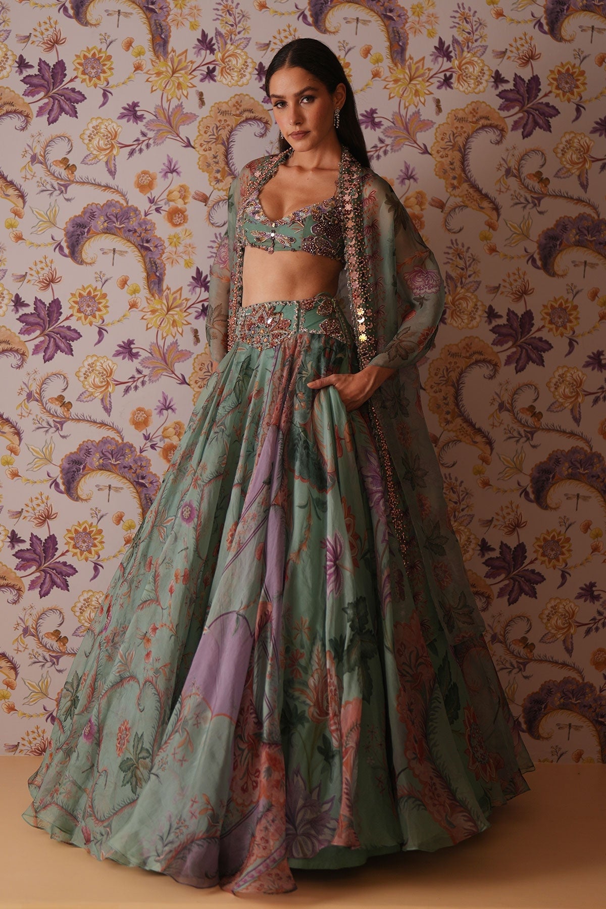 Areeba Floral Lehenga With Hand Embroidered Bralette Top