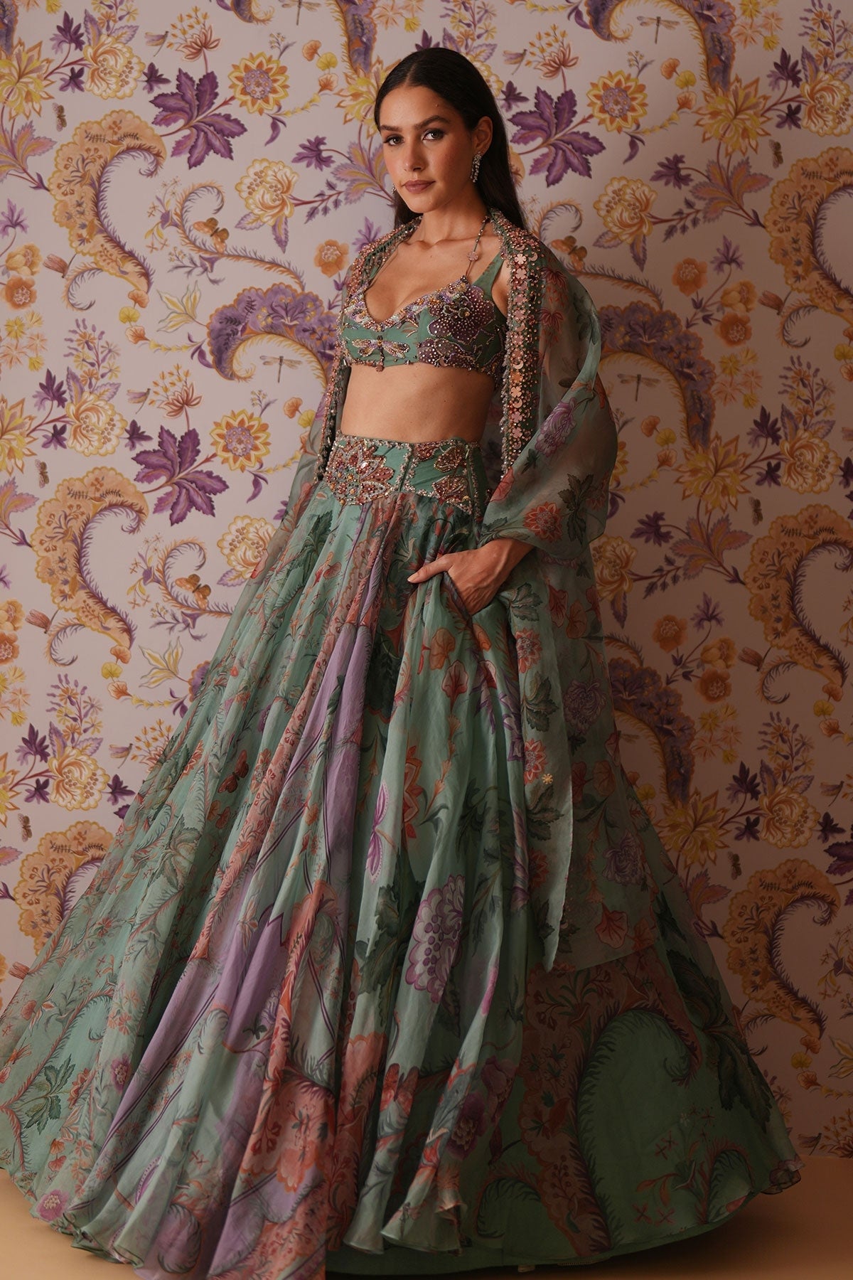 Areeba Floral Lehenga With Hand Embroidered Bralette Top