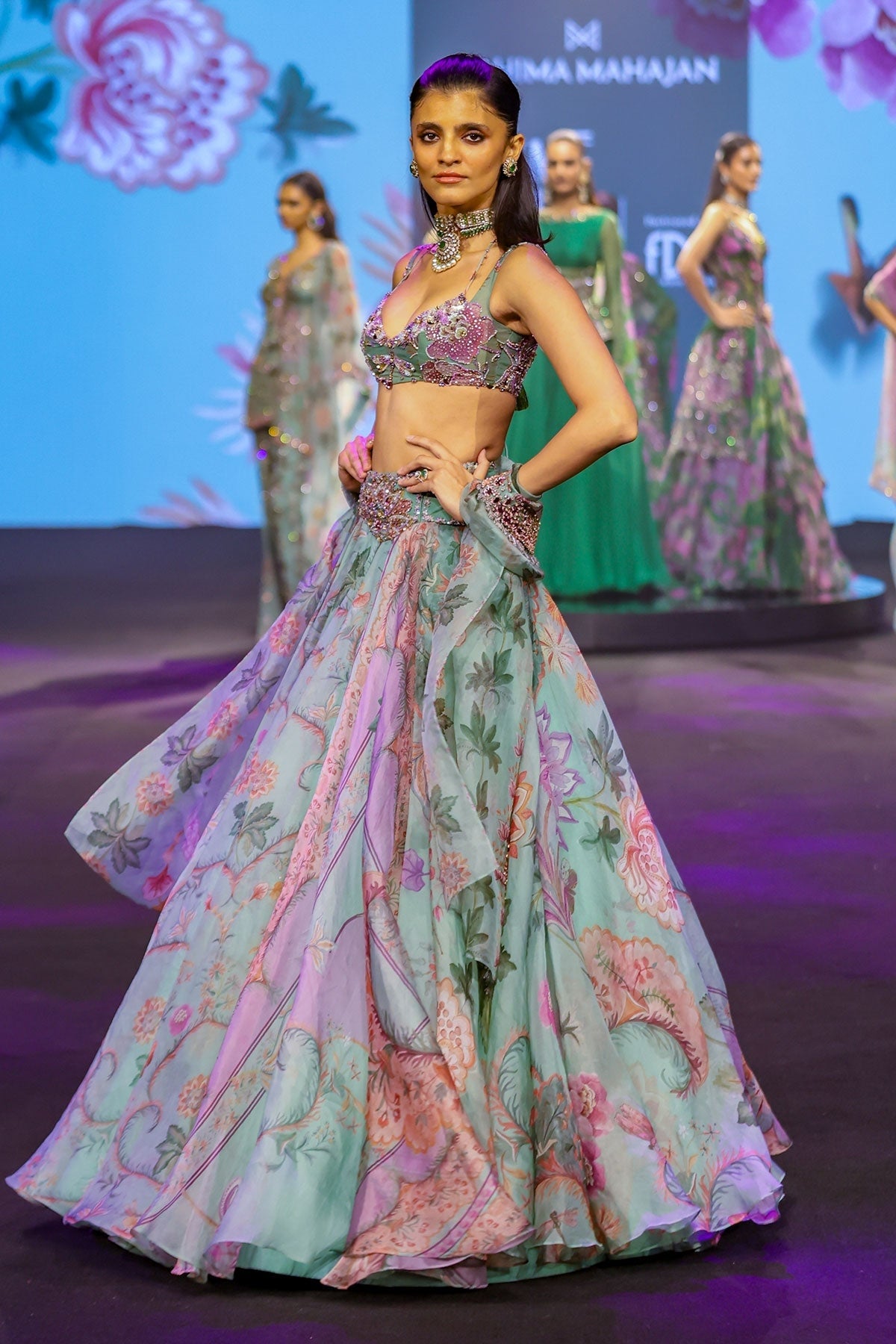 Areeba Floral Lehenga With Hand Embroidered Bralette Top