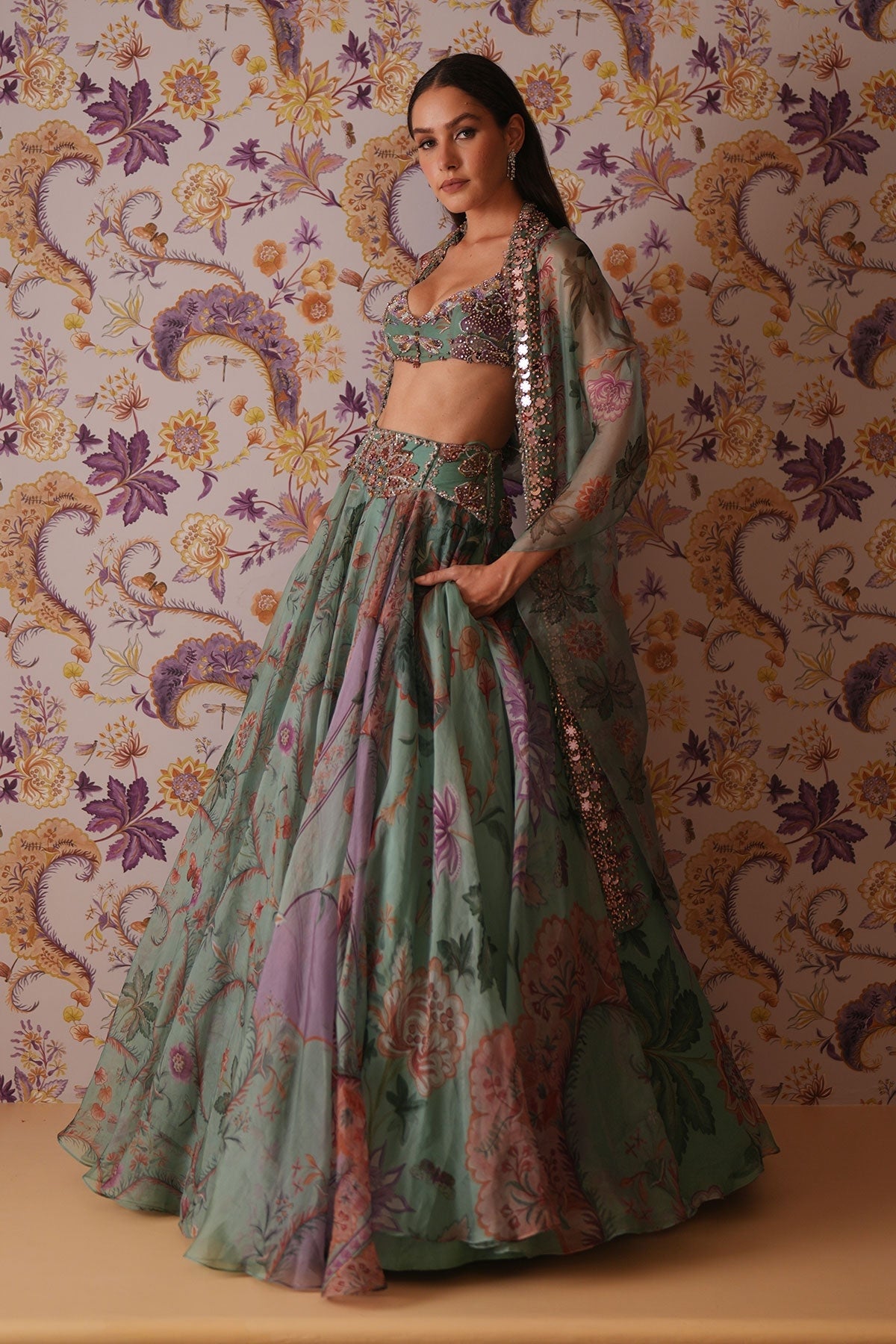 Areeba Floral Lehenga With Hand Embroidered Bralette Top