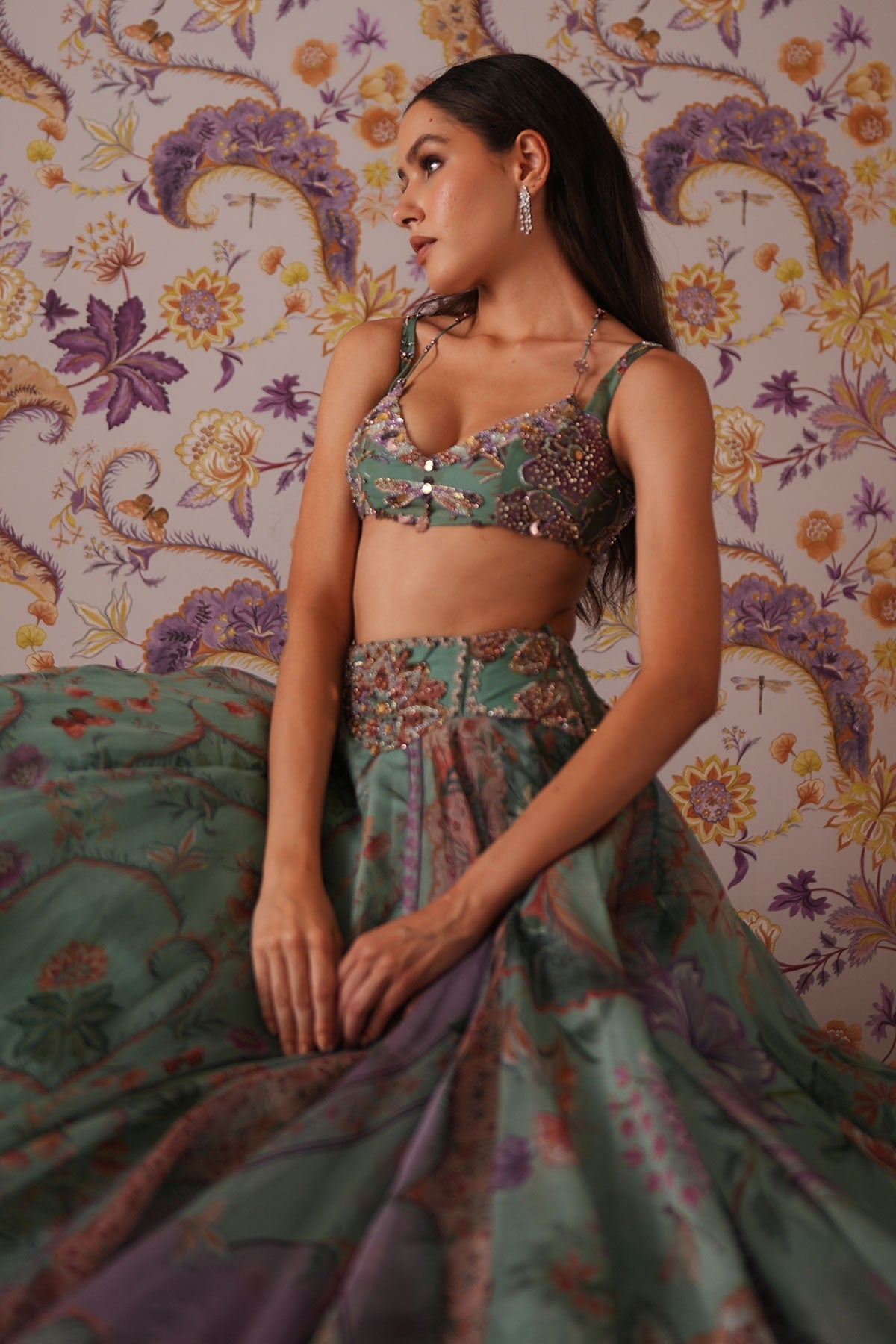 Areeba Floral Lehenga With Hand Embroidered Bralette Top